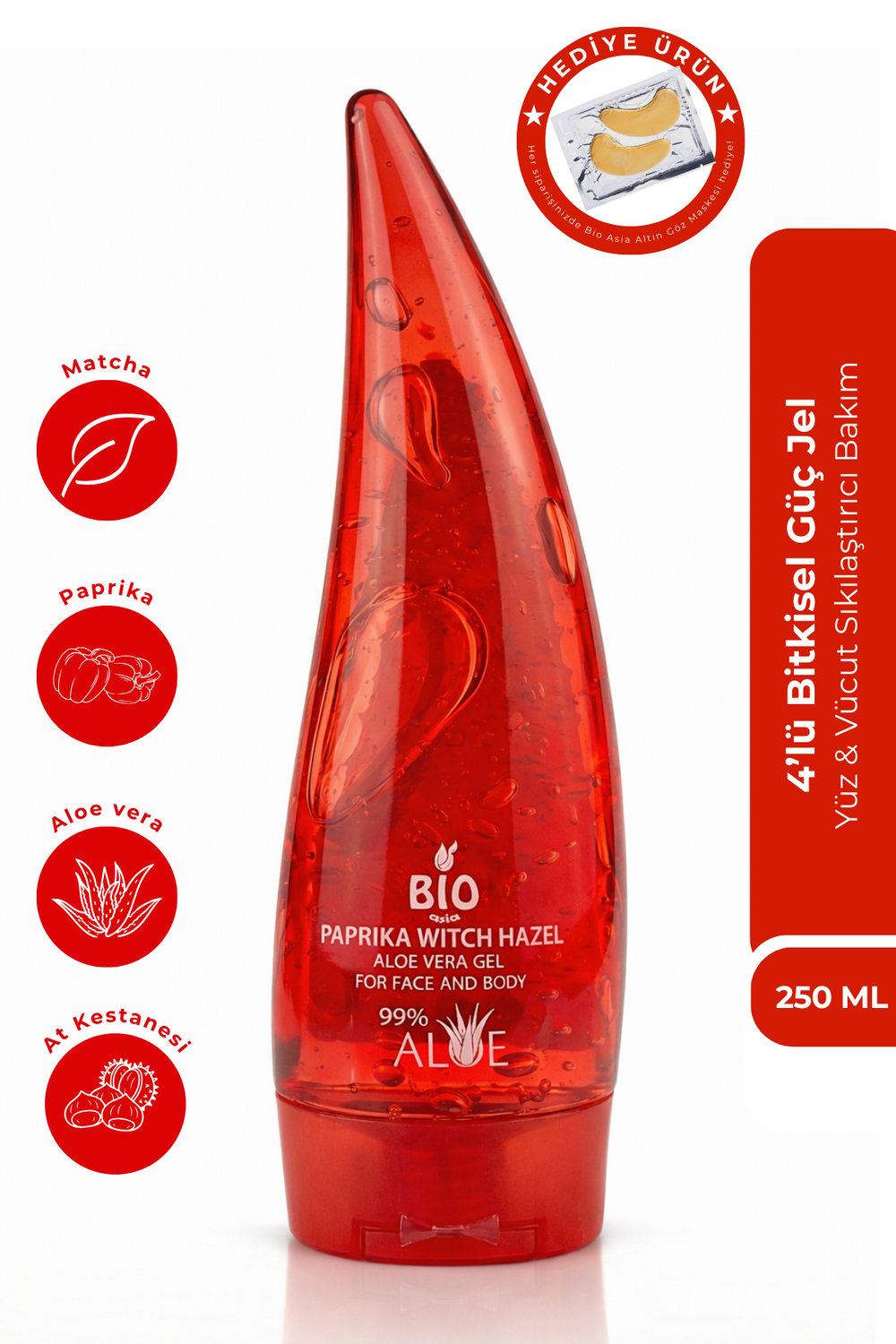 Bio Asia 4lü Bitkisel Güç Jel – Aloe Vera + Matcha + At Kestanesi + Paprika Yüz & Vücut Sıkılaştırıcı 250 ml
