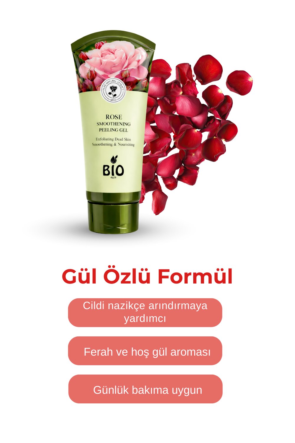 Bio Asia Gül Peeling Jel – Aydınlatıcı, Tazeleyici & Çiçek Özlü Cilt Temizliği 150 ml