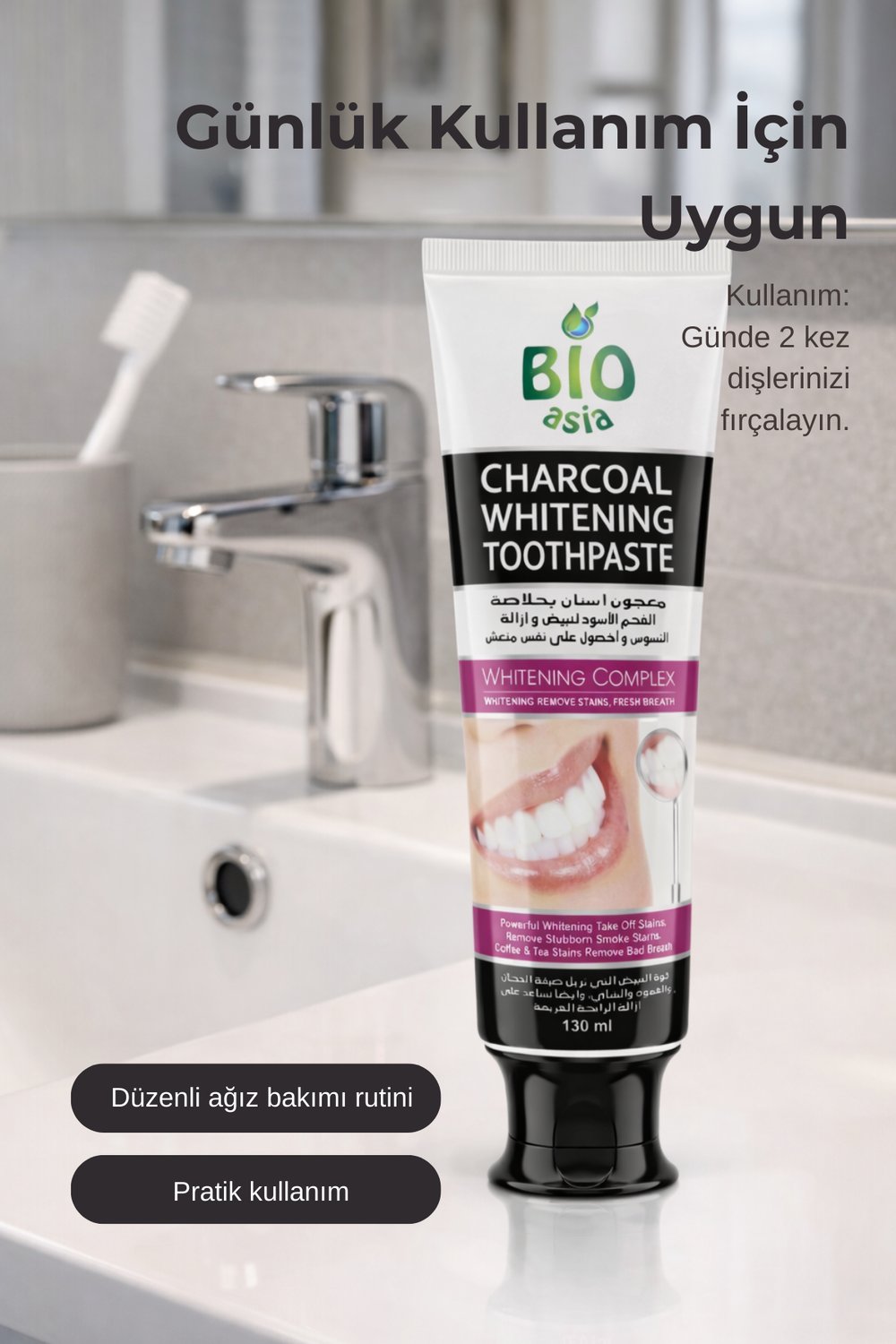 Bio Asia Karbon Diş Macunu – Beyazlatıcı Etki, Doğal Aktif Karbon Temizliği 130 ml
