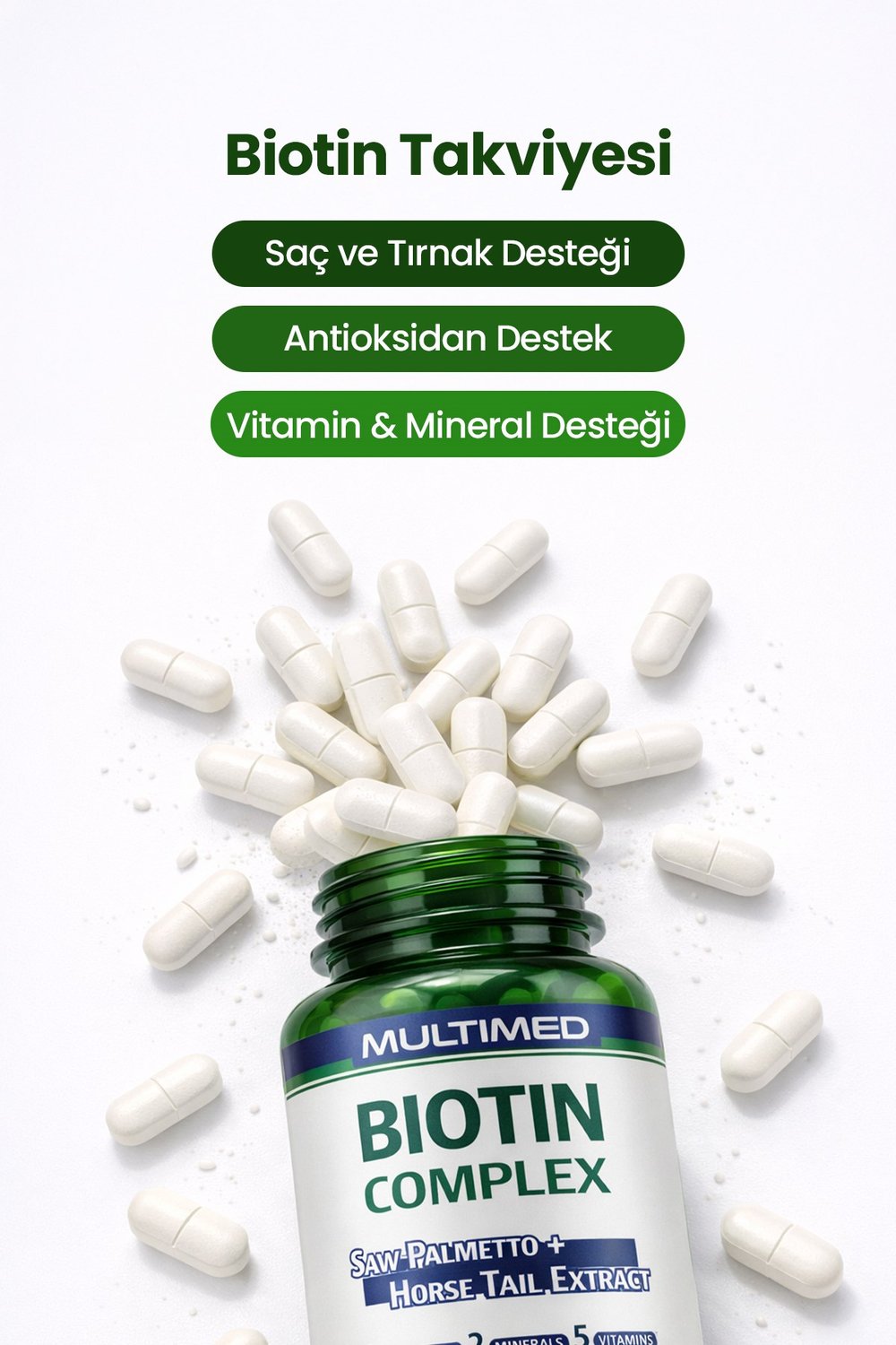 Multimed Biotin Kompleksi – Saç & Tırnak Güçlendirici Yüksek Etkili Formül – 120 Tablet