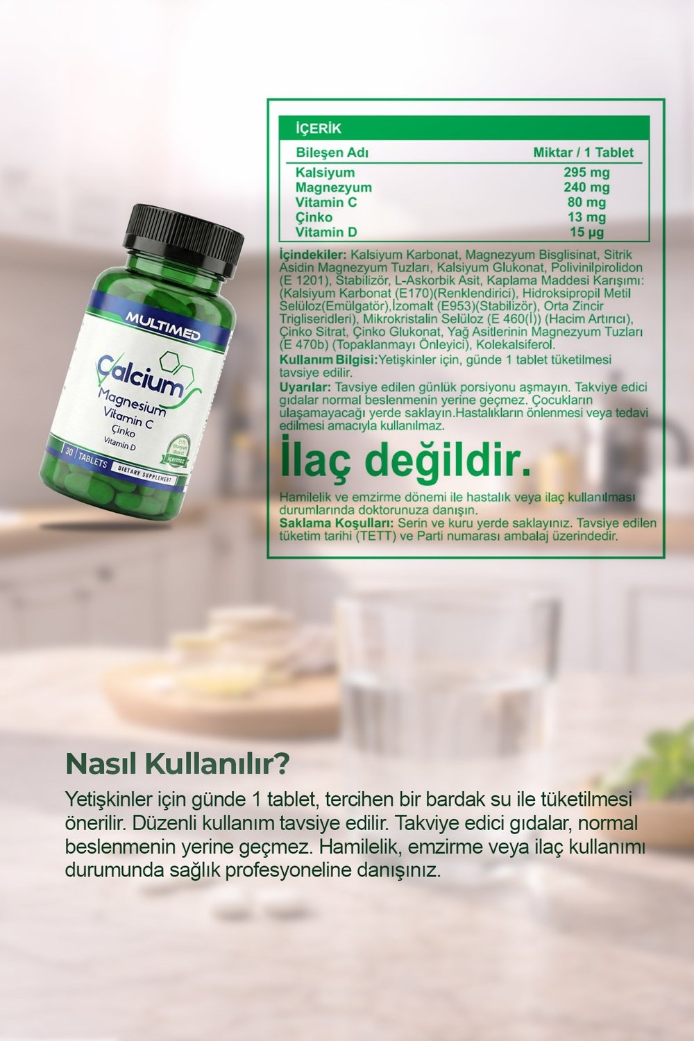 Multimed Kalsiyum Magnezyum Çinko D3 – Kemik, Diş & Kas Sağlığı – 30 Tablet