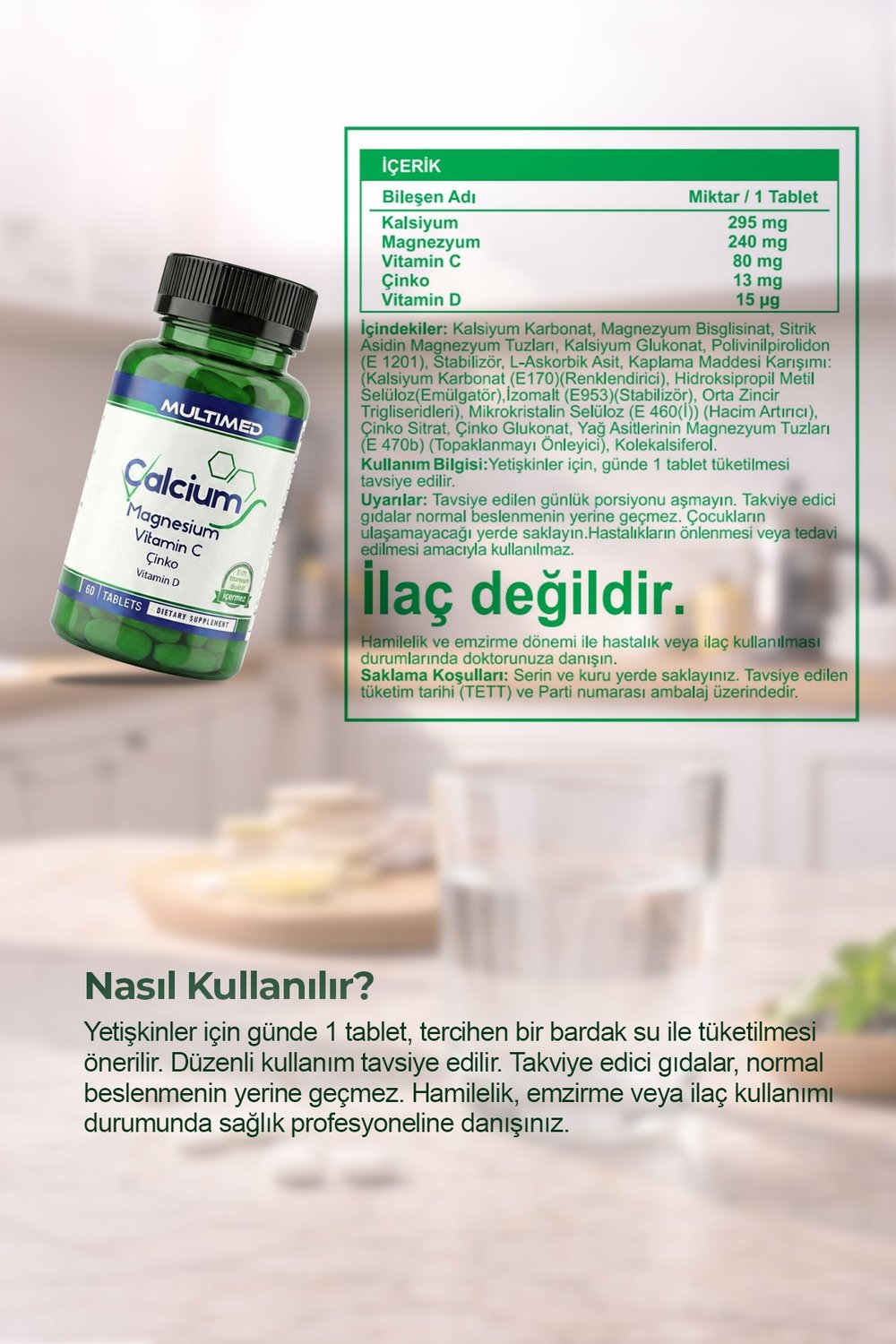Multimed Kalsiyum Magnezyum Çinko D3 – Kemik, Diş & Kas Sağlığı – 60 Tablet