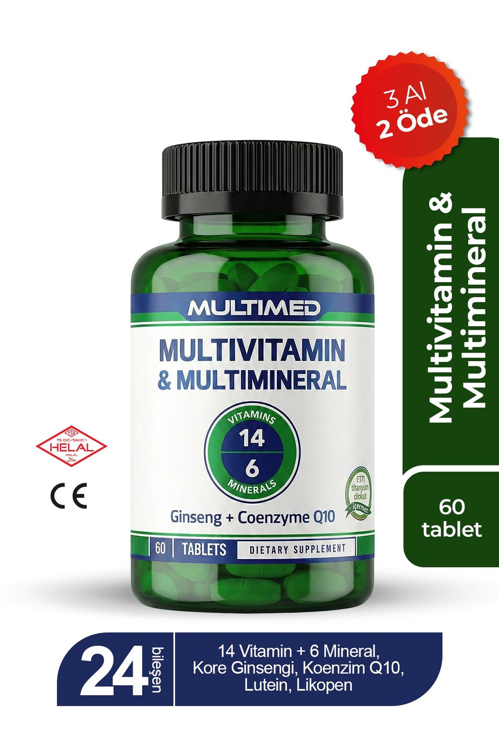Multimed Multivitamin – 12 Vitamin + 6 Mineral + Ginseng + Q10 + Lutein + Kolin – 60 Tablet