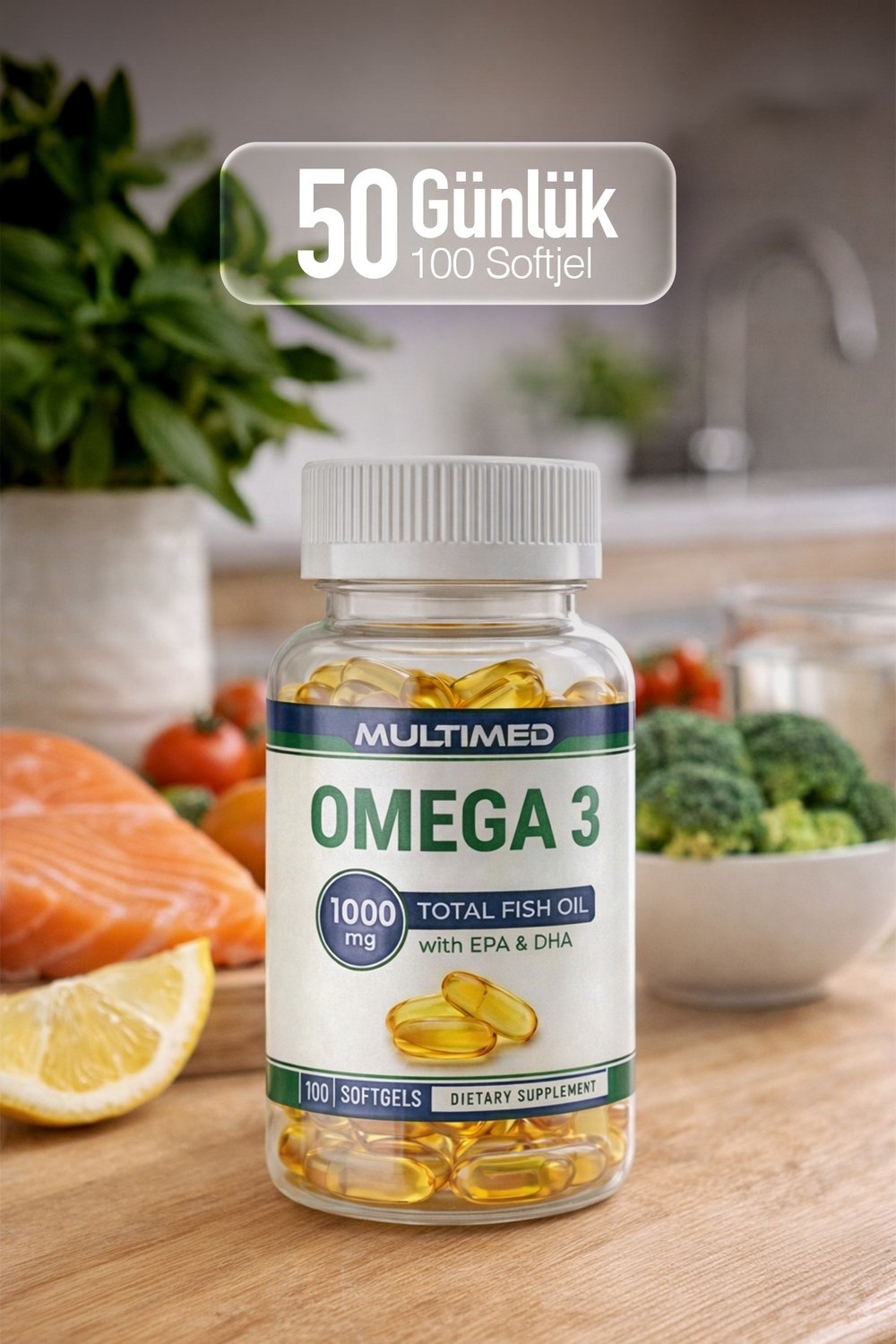 Multimed Omega 3 Balık Yağı 1000 mg – Kalp & Beyin Sağlığı İçin Yüksek Saflık – 100 Softgel (Şeffaf Şişe)