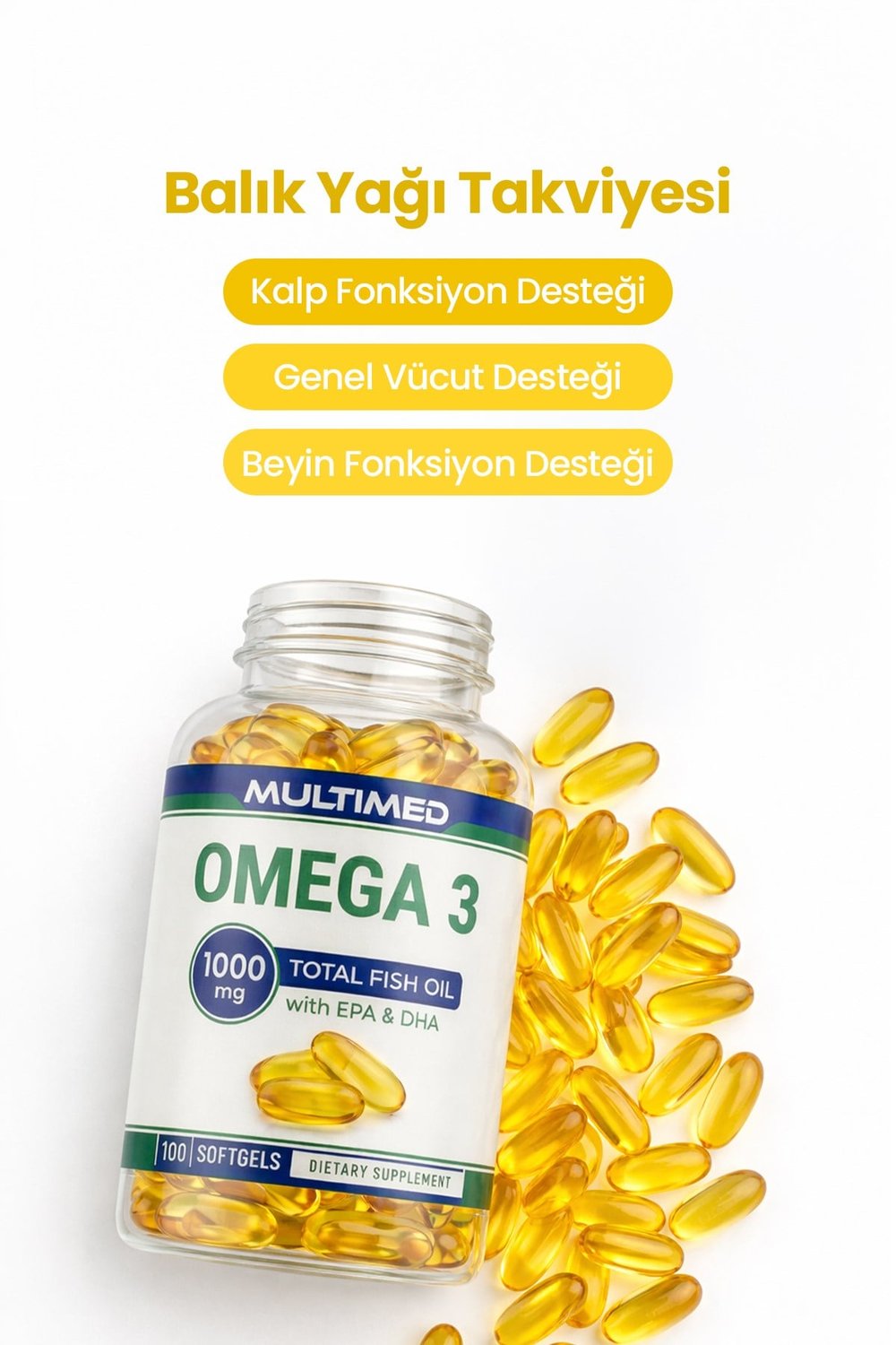 Multimed Omega 3 Balık Yağı 1000 mg – Kalp & Beyin Sağlığı İçin Yüksek Saflık – 100 Softgel (Şeffaf Şişe)