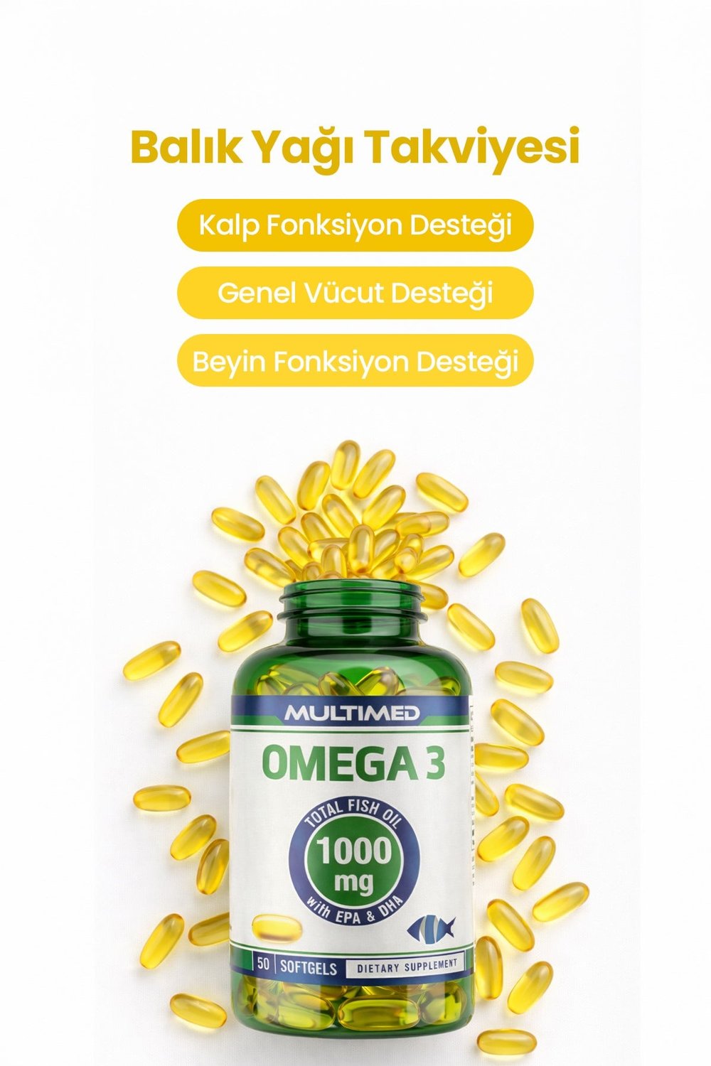 Multimed Omega 3 Balık Yağı 1000 mg – Trigliserid Formu Yüksek Emilim – 50 Softgel 