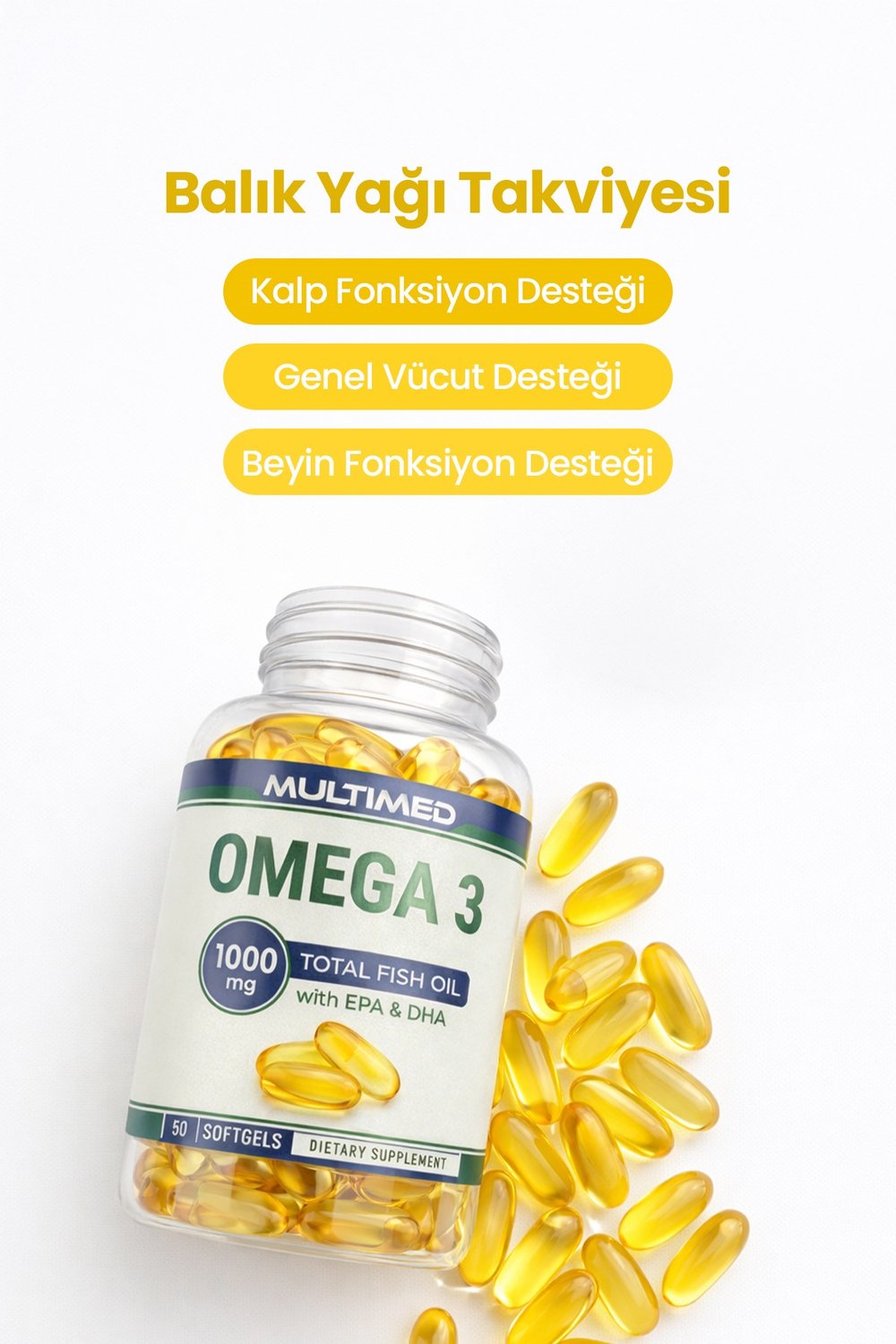 Multimed Omega 3 Balık Yağı 1000 mg – Günlük Direnç Destek – 50 Softgel (Şeffaf Şişe)