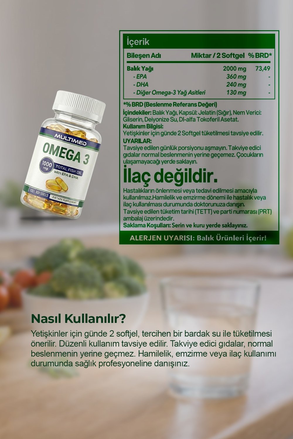 Multimed Omega 3 Balık Yağı 1000 mg – Kalp & Beyin Sağlığı İçin Yüksek Saflık – 100 Softgel (Şeffaf Şişe)