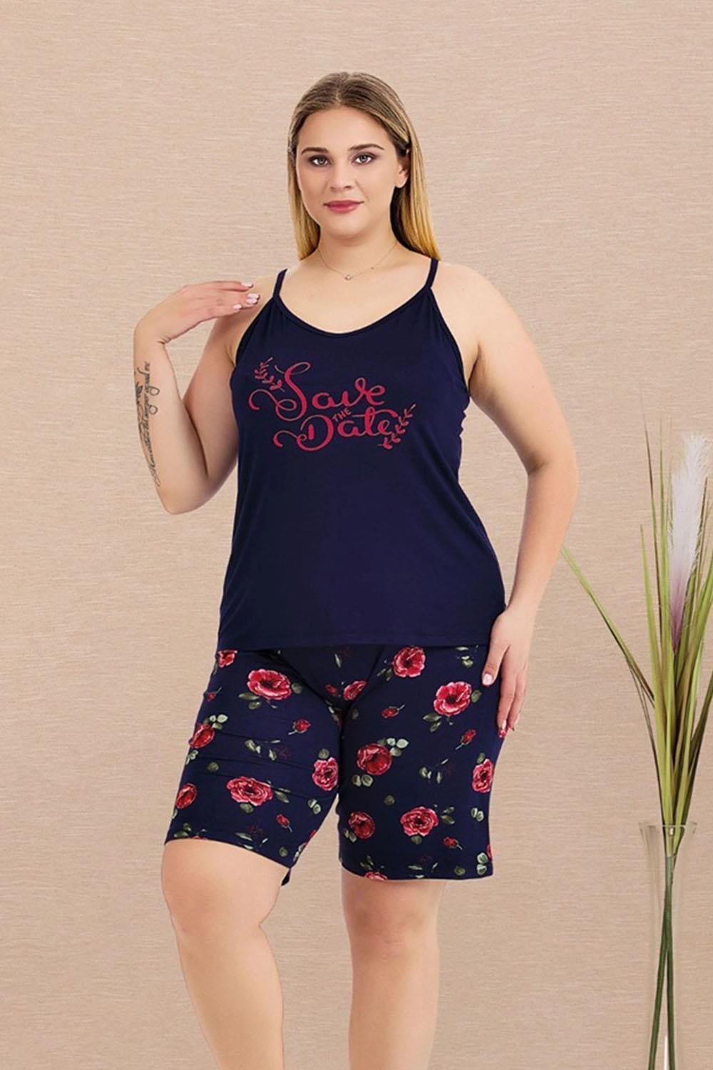Askılı Lacivert Büyük Beden Şortlu Pijama Takımı