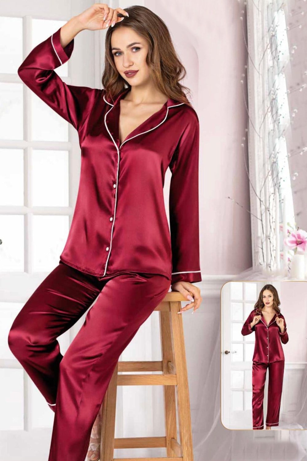 Beyaz Biyeli Bordo Saten Pijama Takımı