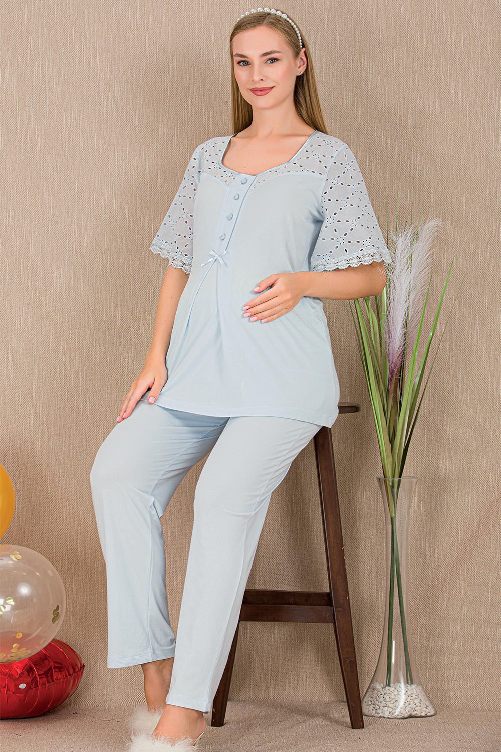 Dantel Kısa Kollu Düğmeli Mavi Hamile Lohusa Pijama Takımı