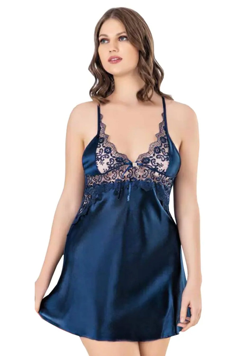 Dantel Yakalı Laci Saten Seksi Büyük Beden Gecelik