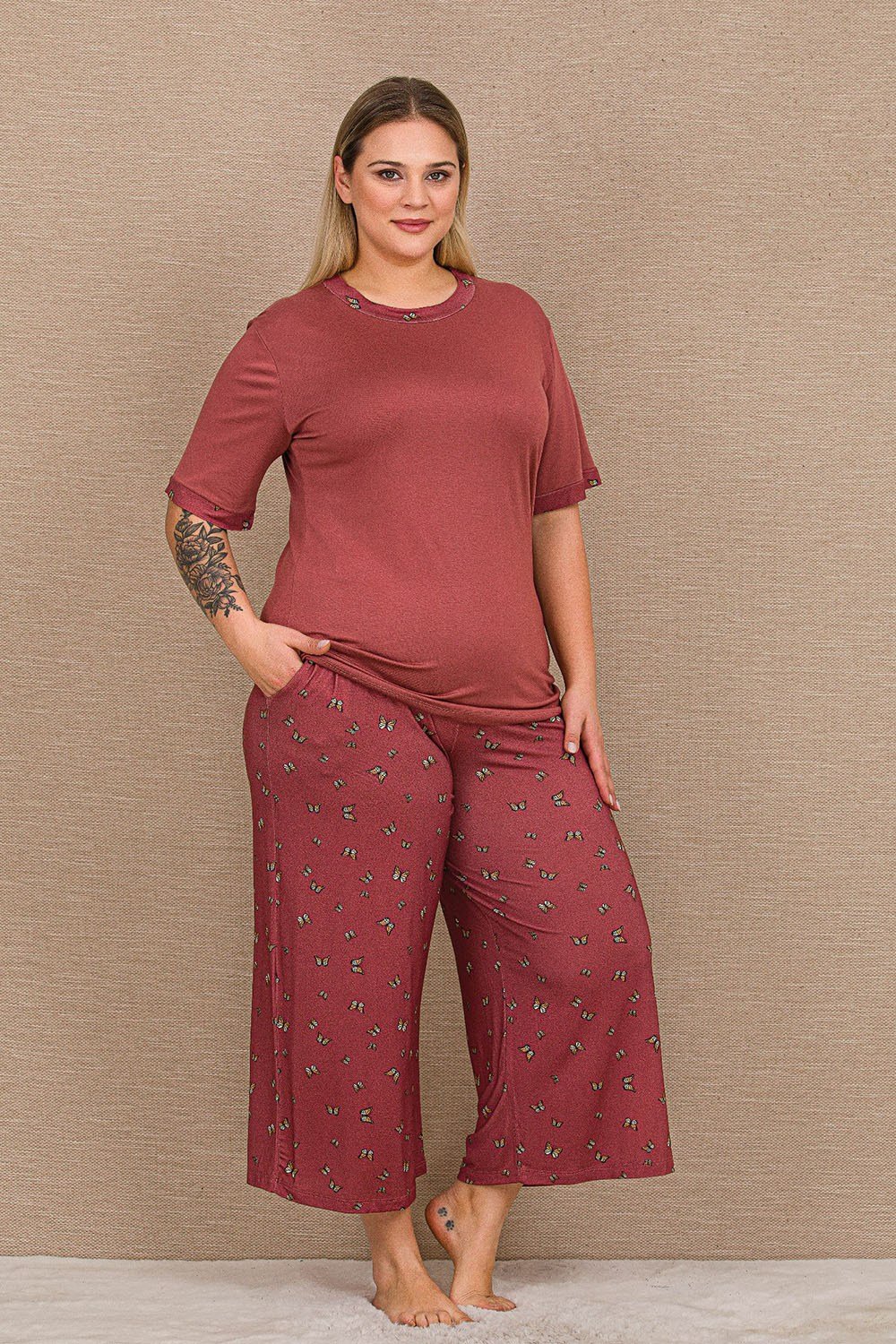 Desenli Kiremit Büyük Beden Kapri Pijama Takımı