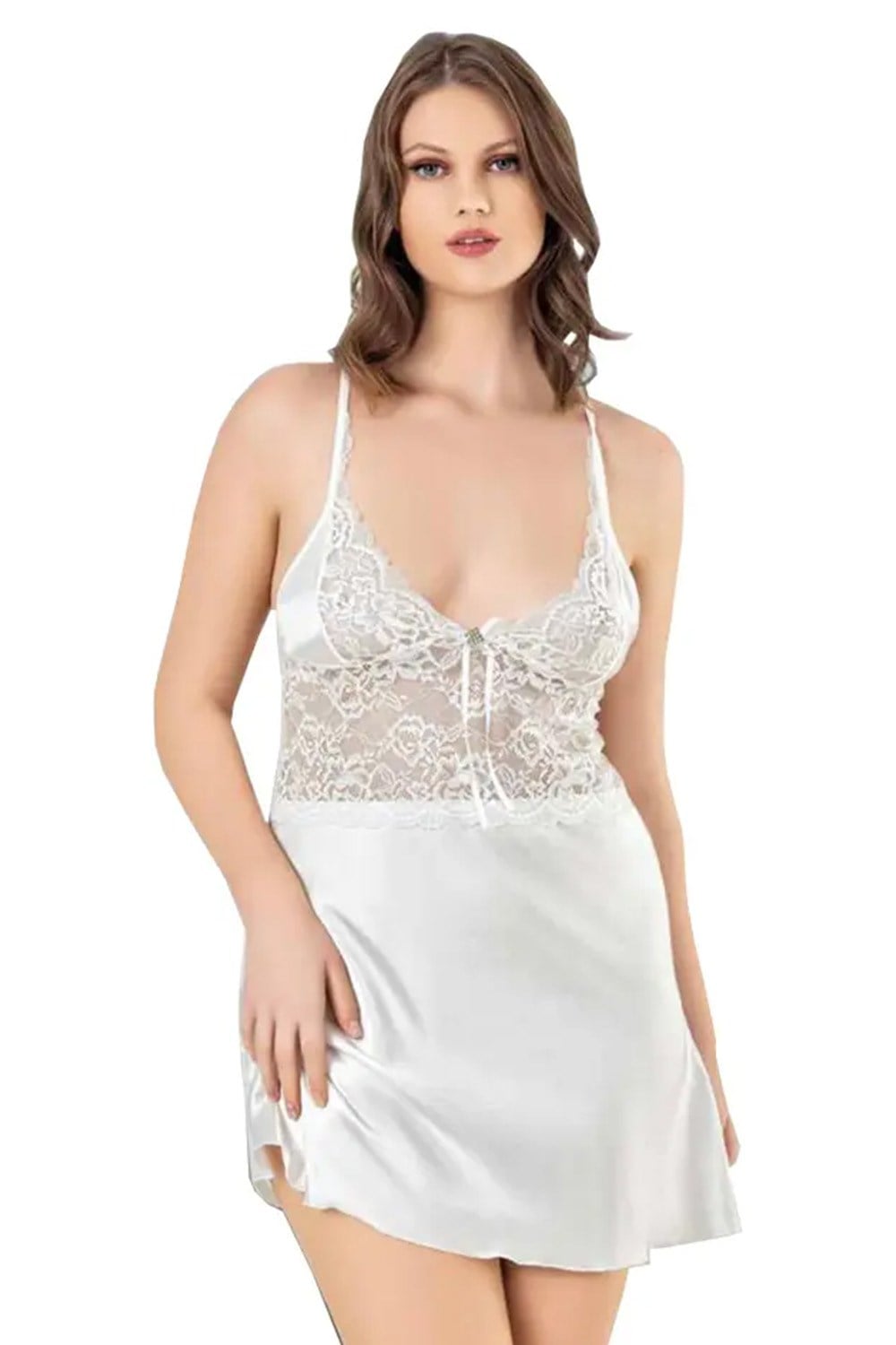 Geniş Dantelli Beyaz Saten Seksi Büyük Beden Gecelik
