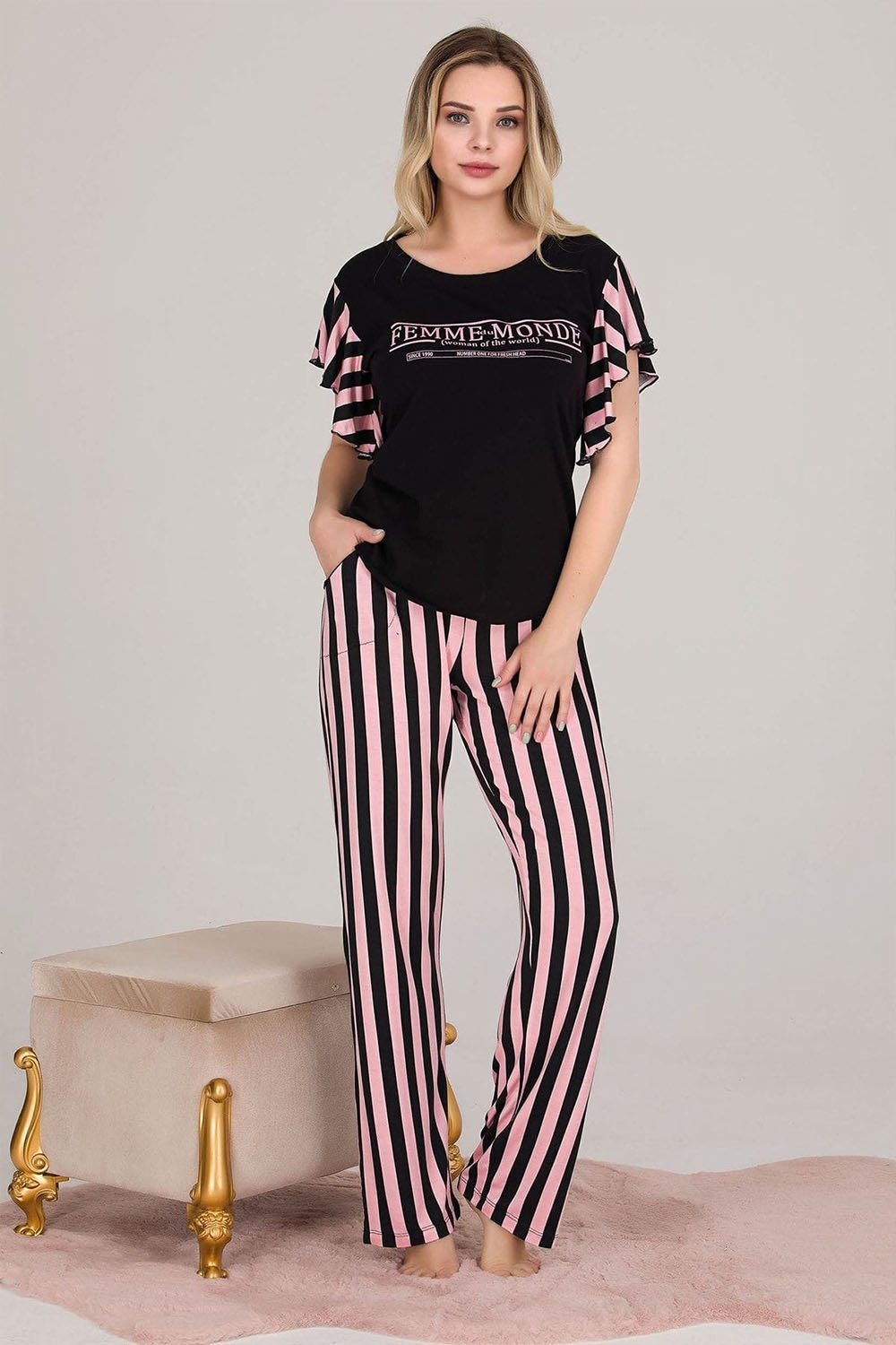 Geniş Kollu Pembe Siyah Bayan Pijama Takımı