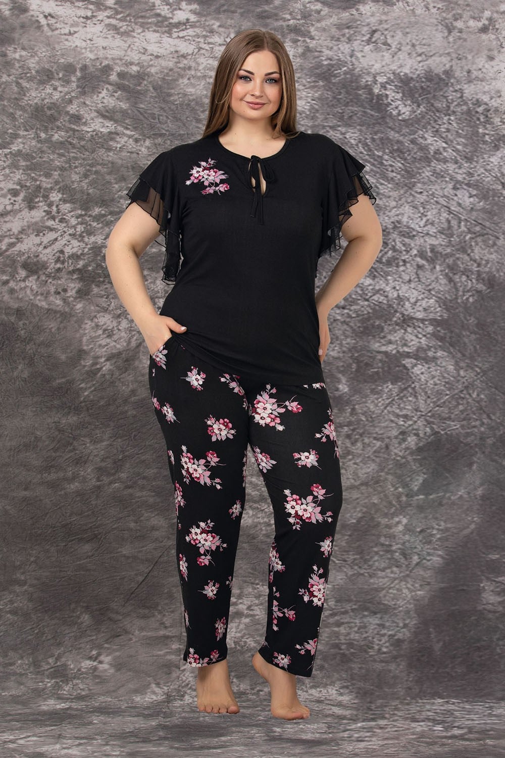 Geniş Kollu Siyah Büyük Beden Pijama Takımı