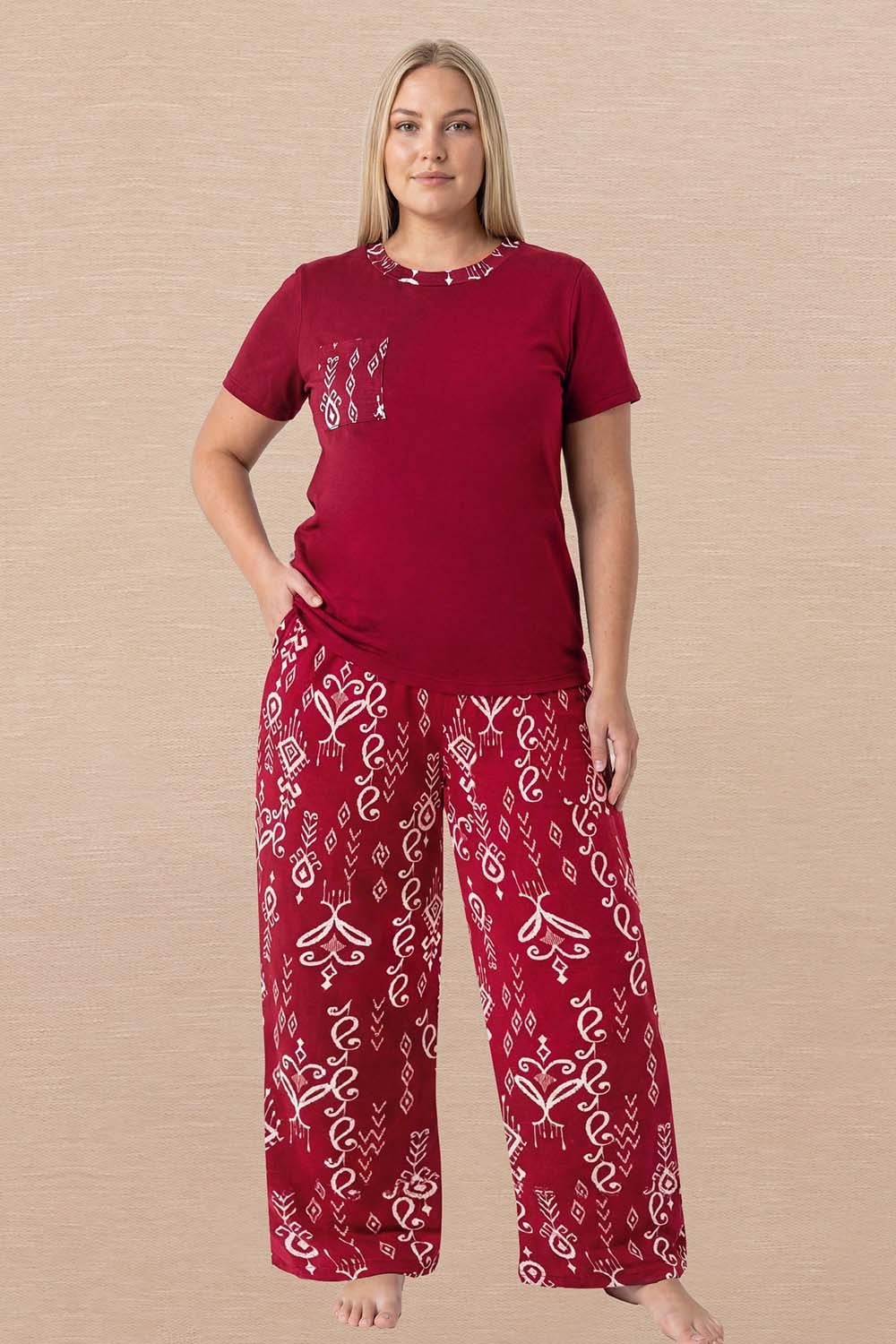 Geniş Paçalı Cepli Bordo Büyük Beden Pijama Takımı