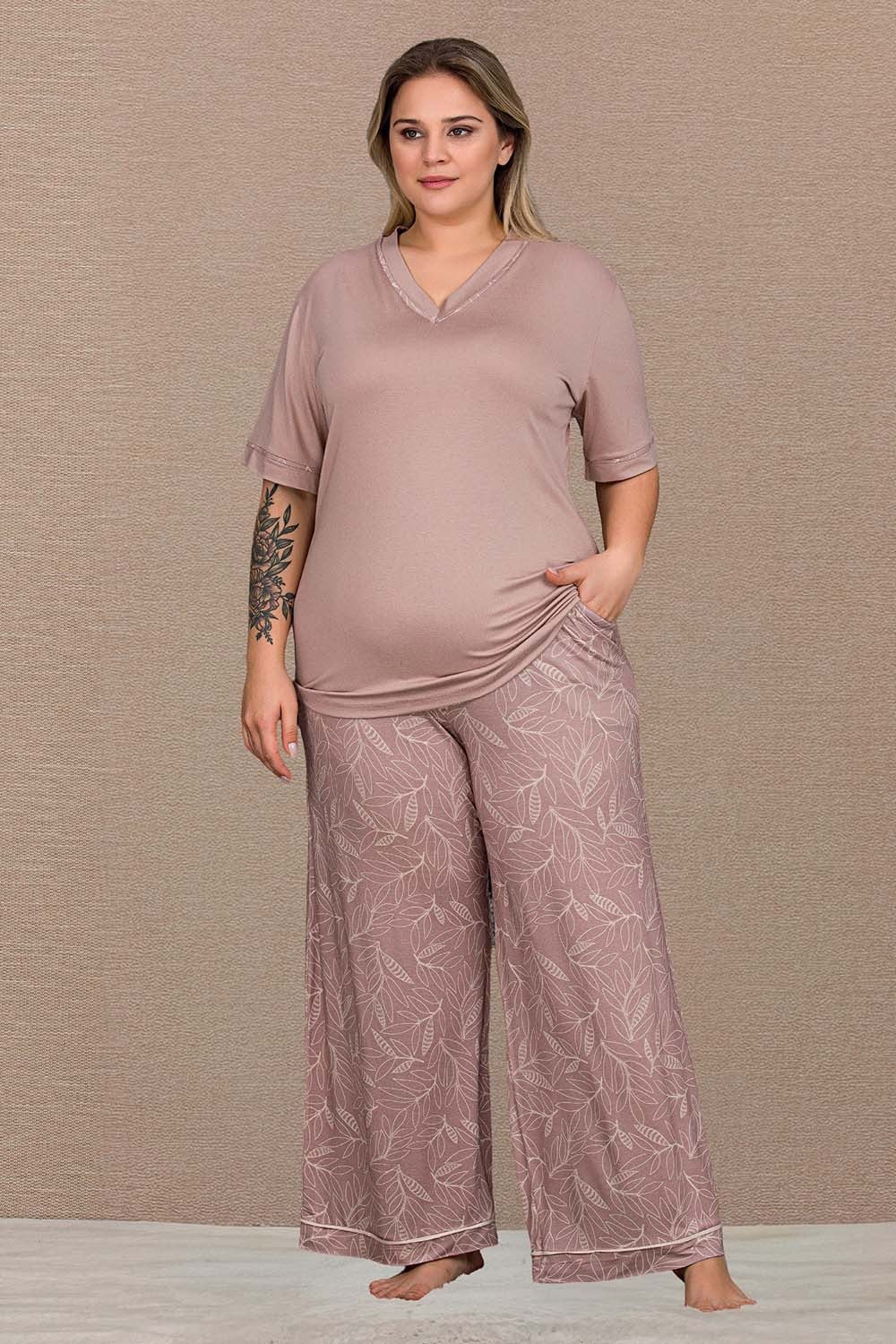 Geniş Paçalı Cepli Büyük Beden Pijama Takımı
