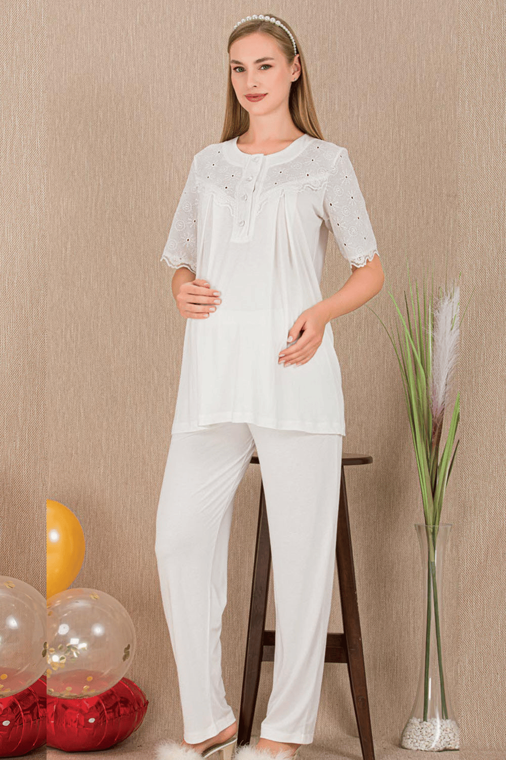 Kısa Kollu Düğmeli Ekru Hamile Lohusa Pijama Takımı