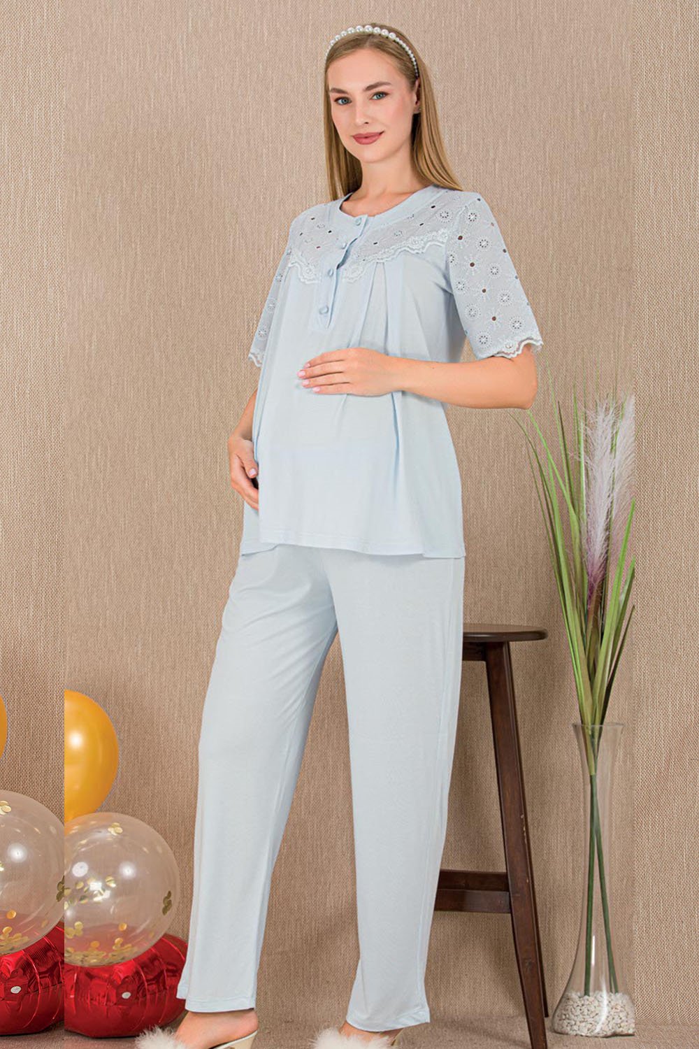 Kısa Kollu Düğmeli Mavi Hamile Lohusa Pijama Takımı