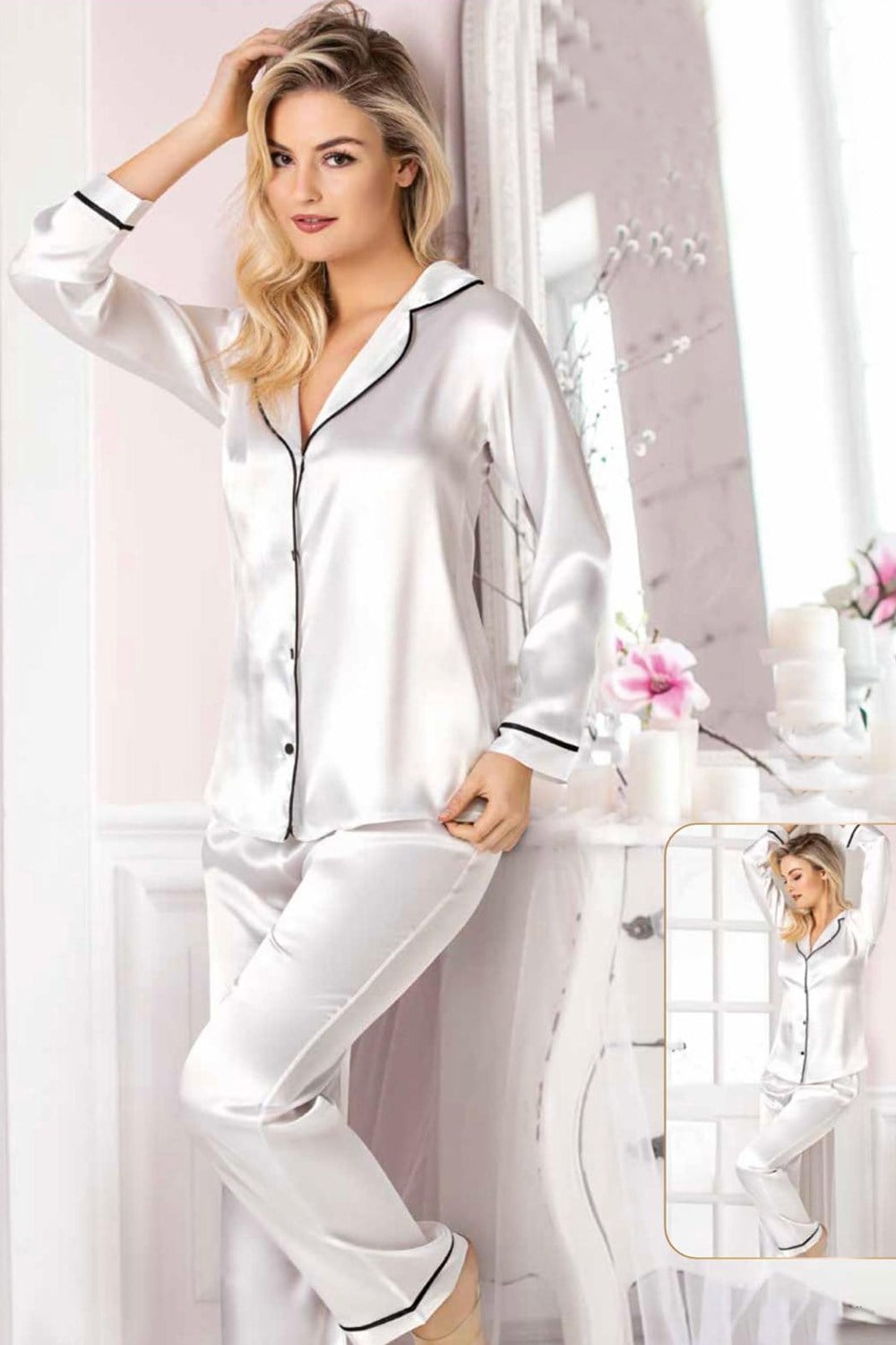Siyah Biyeli Beyaz Saten Pijama Takımı