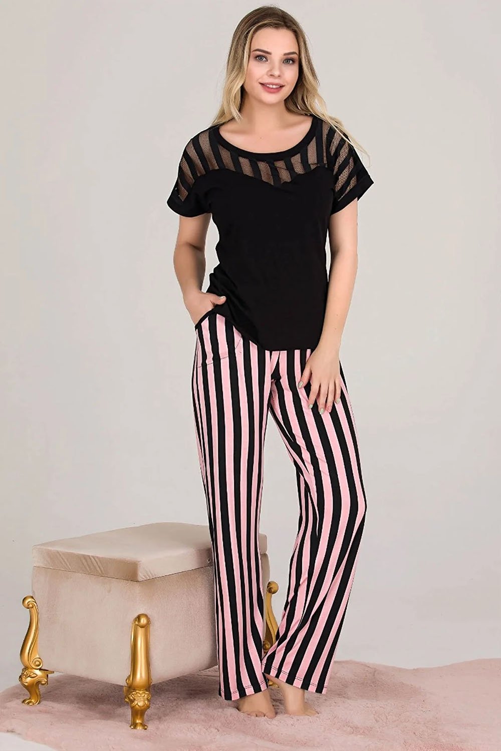 Transparan Detaylı Pembe Siyah Bayan Pijama Takımı
