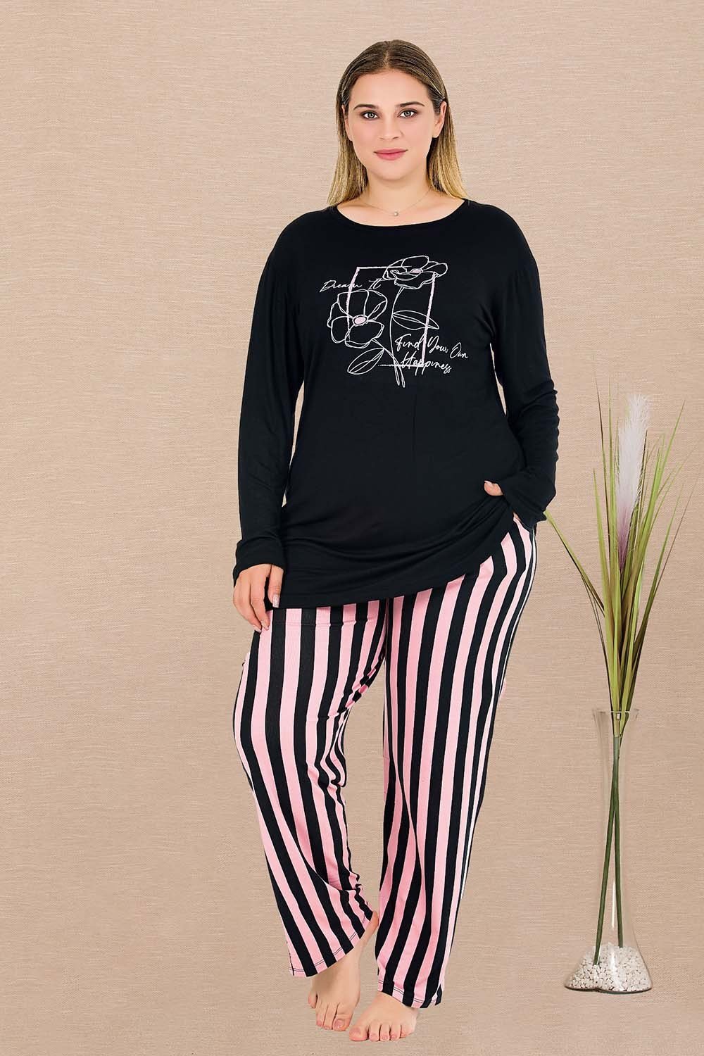 Uzun Kollu Pembe Siyah Büyük Beden Pijama Takımı