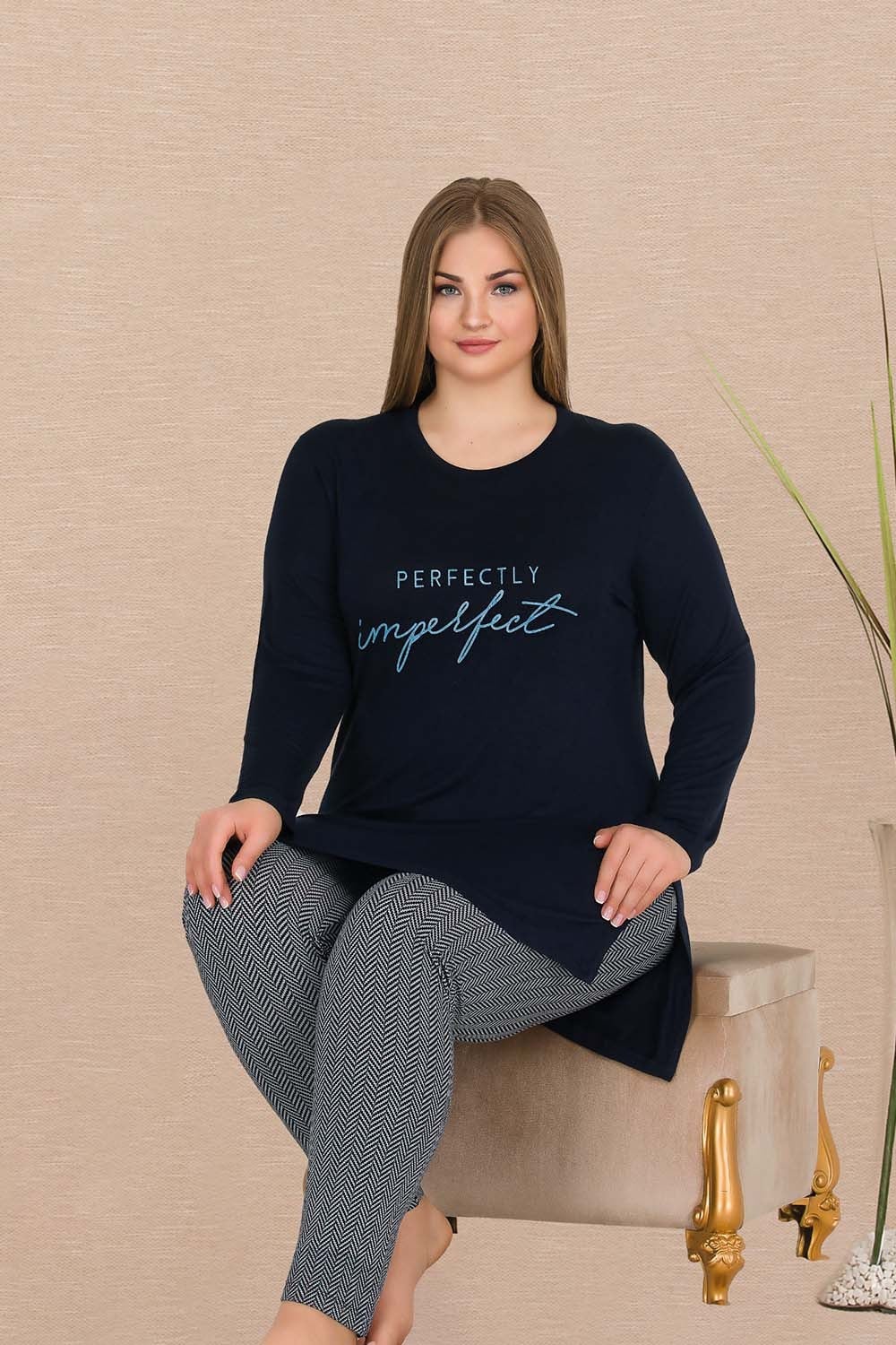 Uzun Kollu Yırtmaçlı Büyük Beden Pijama Takımı