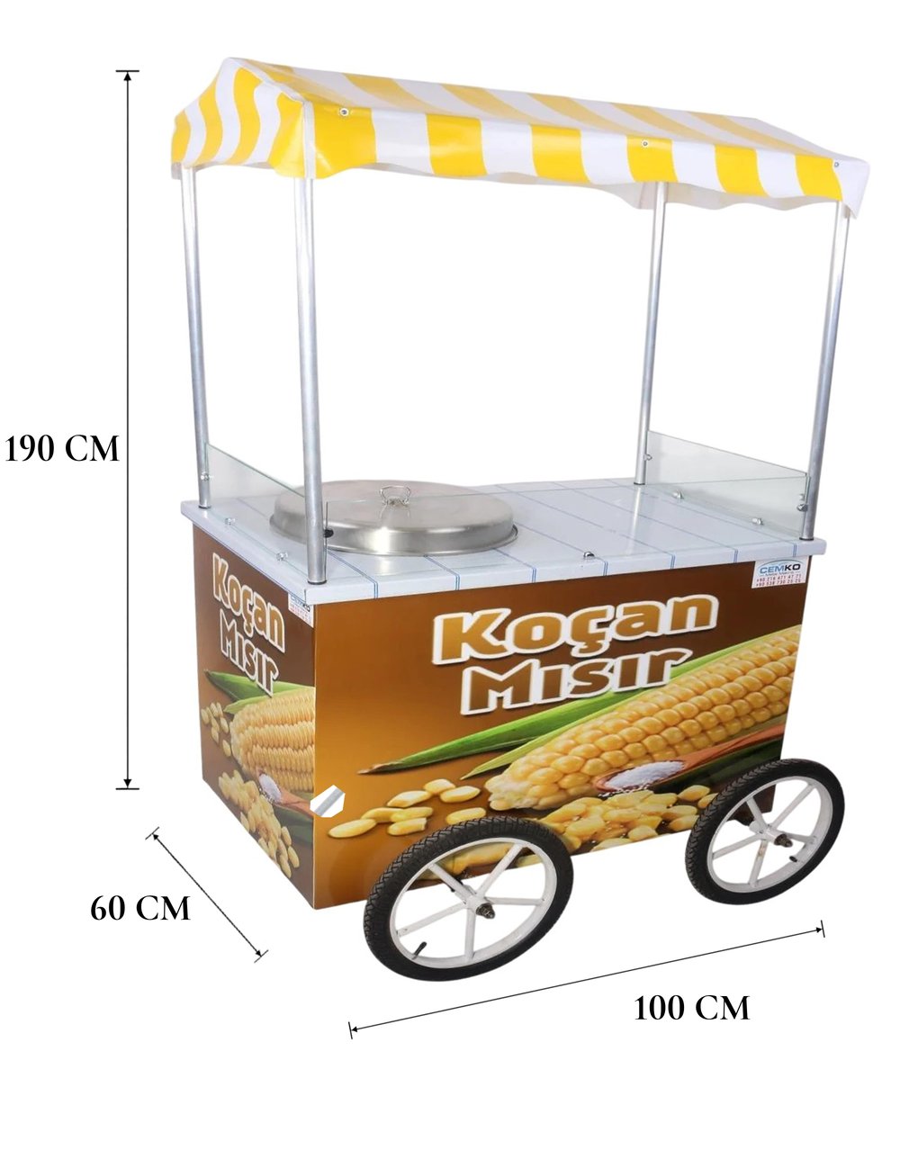 Tüplü Koçan Mısır Arabası 40 cm Büyük Kazanlı Tekerlekli 60x100 (Model İspir)