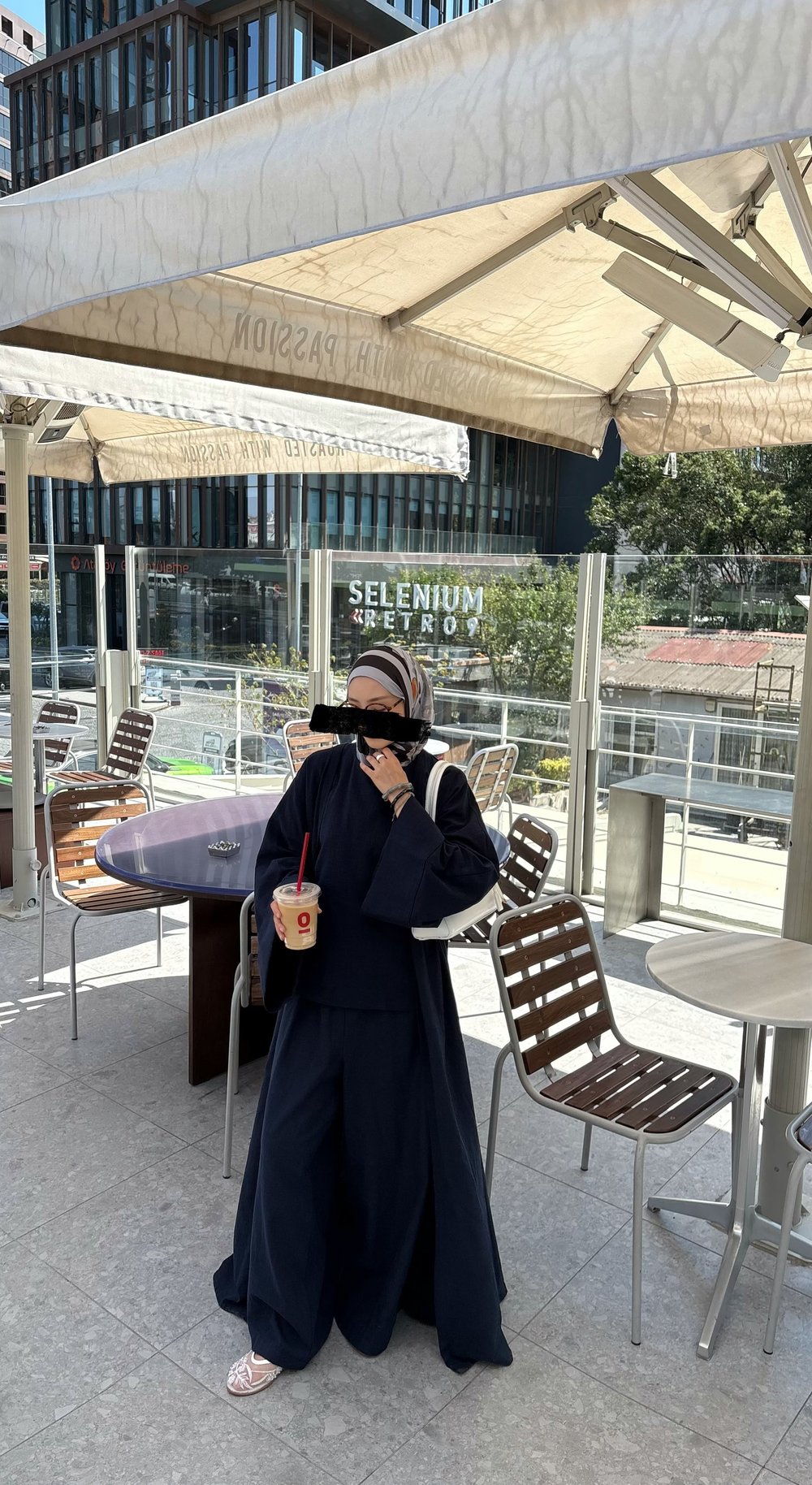 Doğal Kumaş 3lü Kuşaklı Abaya Lacivert Takım