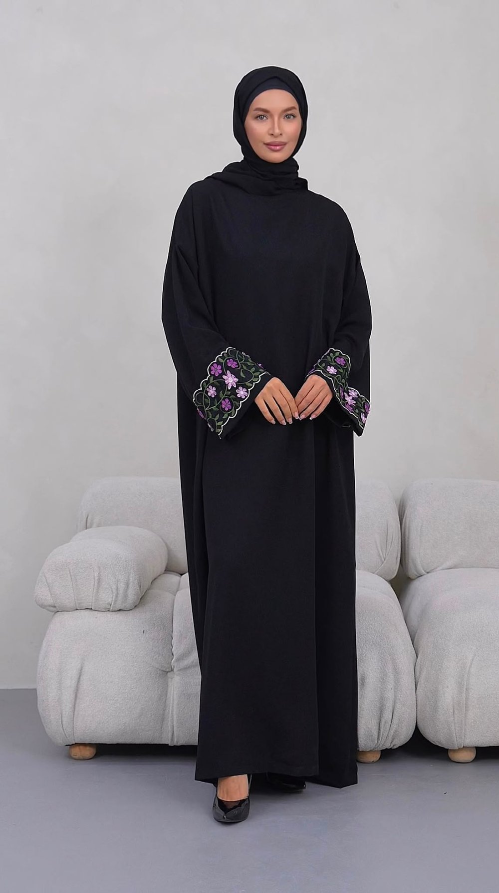 Gülçe Abaya Kol Siyah Krep Elbise
