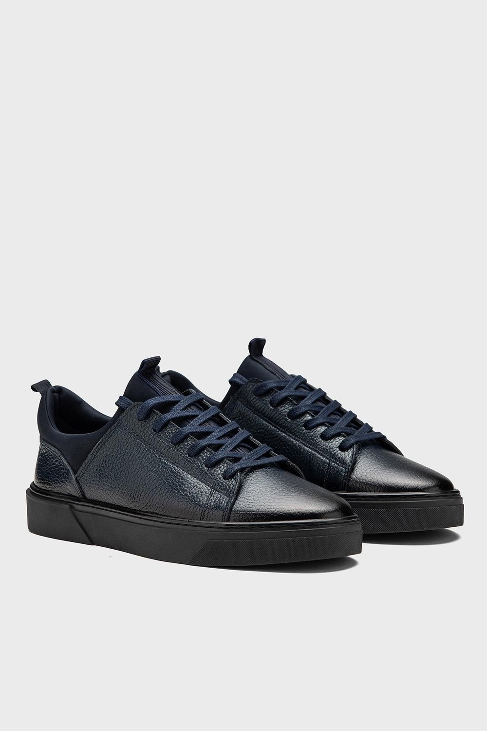 Erkek Lacivert Hakiki Deri Streç Ağızlı Bağcıklı Günlük Sneaker- Milano