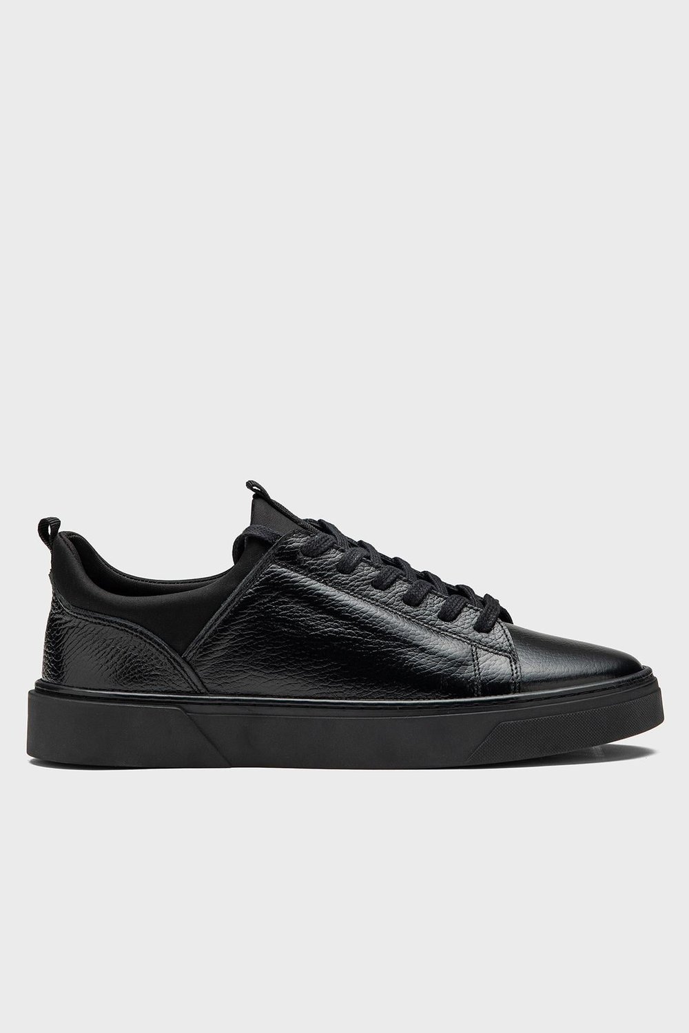 Erkek Siyah Hakiki Deri Streç Ağızlı Bağcıklı Günlük Sneaker- Milano