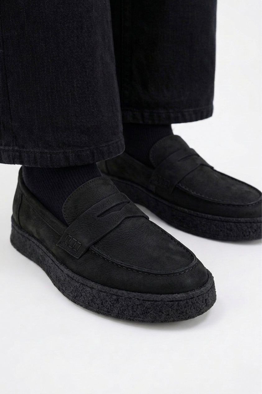 Erkek Siyah Nubuk Loafer Hakiki Dana Derisi İç Dış Deri Kauçuk Taban Günlük Casual Ayakkabı – Venedik