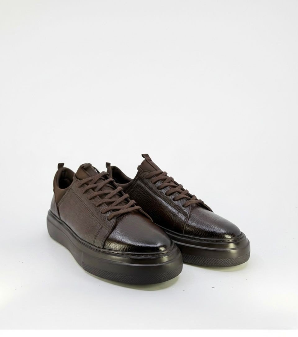 ErkekKahve Hakiki Deri Streç Ağızlı Bağcıklı Günlük Sneaker- Milano