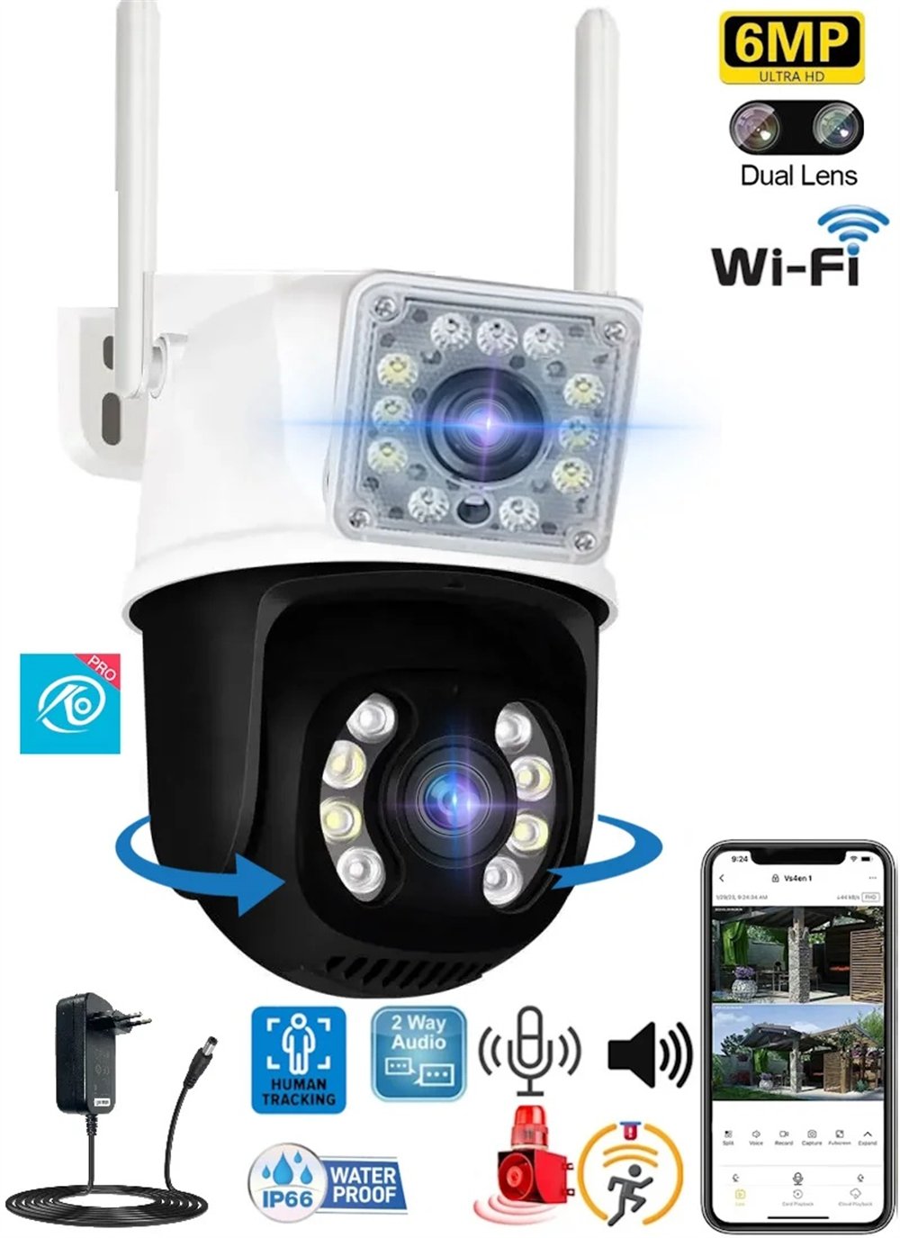 Vivatech 3012 Dual Lens 6MP Wifi Akıllı Kamera , Yapay Zeka, Gece Görüş, Karşılıklı Konuşma + 12V Adaptör