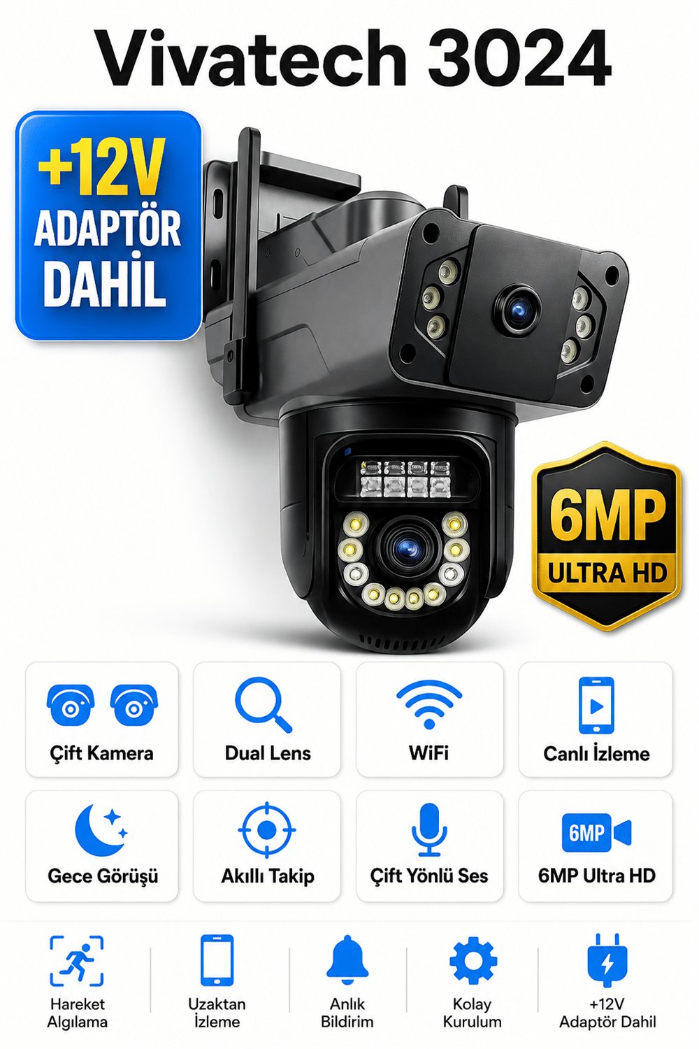 Vivatech 3024 Dual Lens WiFi Akıllı Güvenlik Kamerası - 6MP Çift Kameralı Canlı İzleme ve Gece Görüşlü (+12V Adaptör)