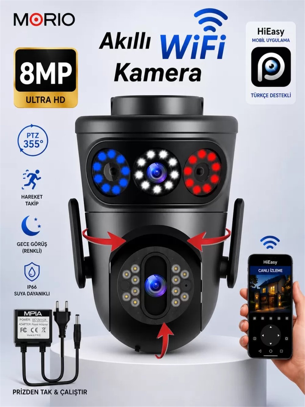 Vivatech 3041 Wifi 6MP Dual Lens ( Sabit + Hareketli) Sirenli Kişi Takibi Türkçe Gece Görüş + 12V Adaptör