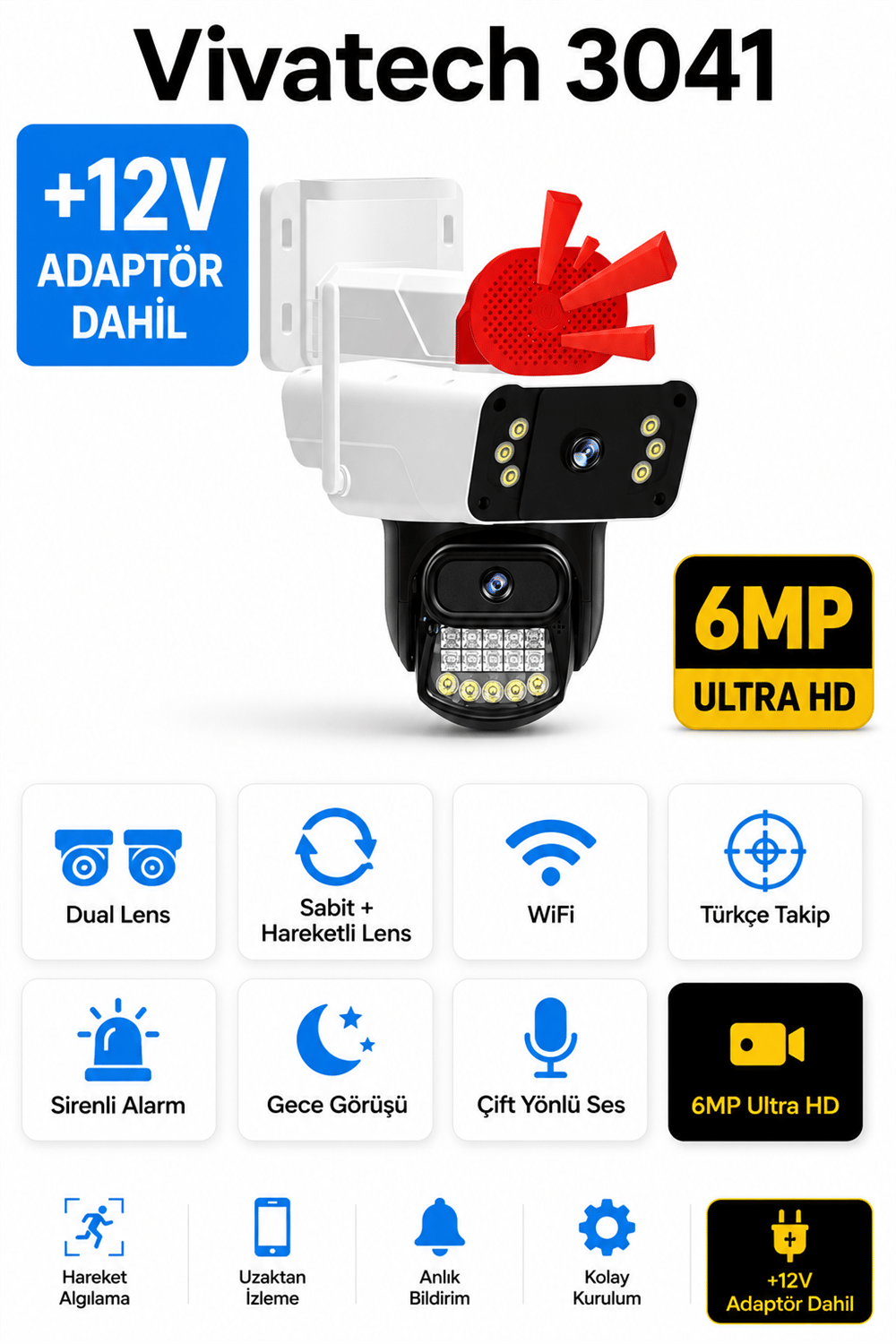 Vivatech 3041 WiFi Akıllı Güvenlik Kamerası - 6MP Dual Lens Sabit + Hareketli, Sirenli Türkçe Takip (+12V Adaptör)
