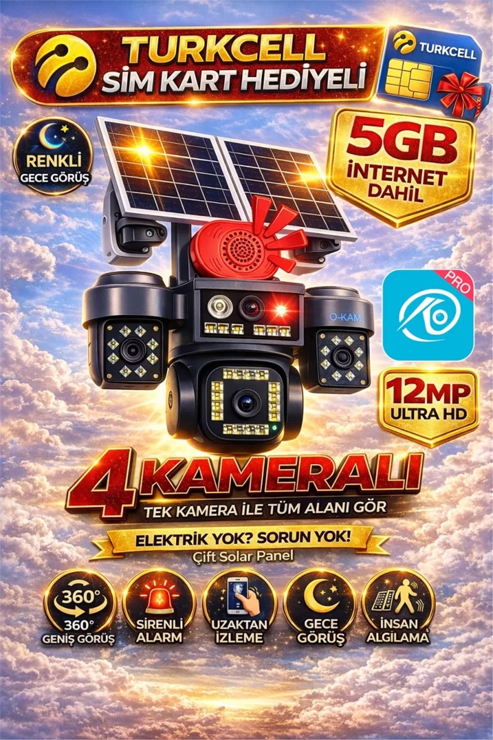 Vivatech 7021 128GB 4 Kameralı 4G Çift Solar Panel 16X Zoom Dual Batarya HiEasy AOV (Sürekli Kayıt) Gece Görüş Çift Yönlü Ses + Sim Kart 5 GB