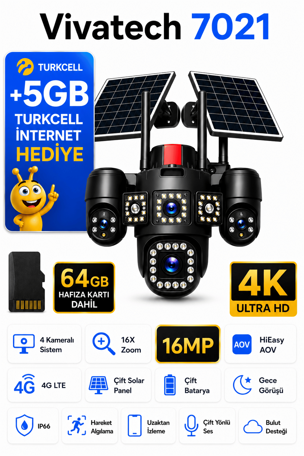 Vivatech 7021 16 MP 64GB Hafıza Kartlı 4G Çift Solar Panelli Güvenlik Kamerası - 4 Kameralı 16X Zoom Dual Batarya HiEasy AOV (+5GB İnternet)
