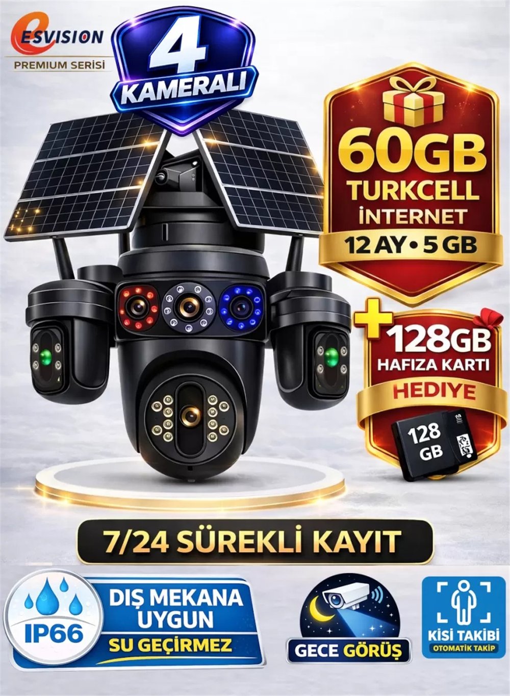Vivatech 7021 64GB 4 Kameralı 4G Çift Solar Panel 16X Zoom Dual Batarya HiEasy AOV (Sürekli Kayıt) Gece Görüş Çift Yönlü Ses + Sim Kart 5 GB