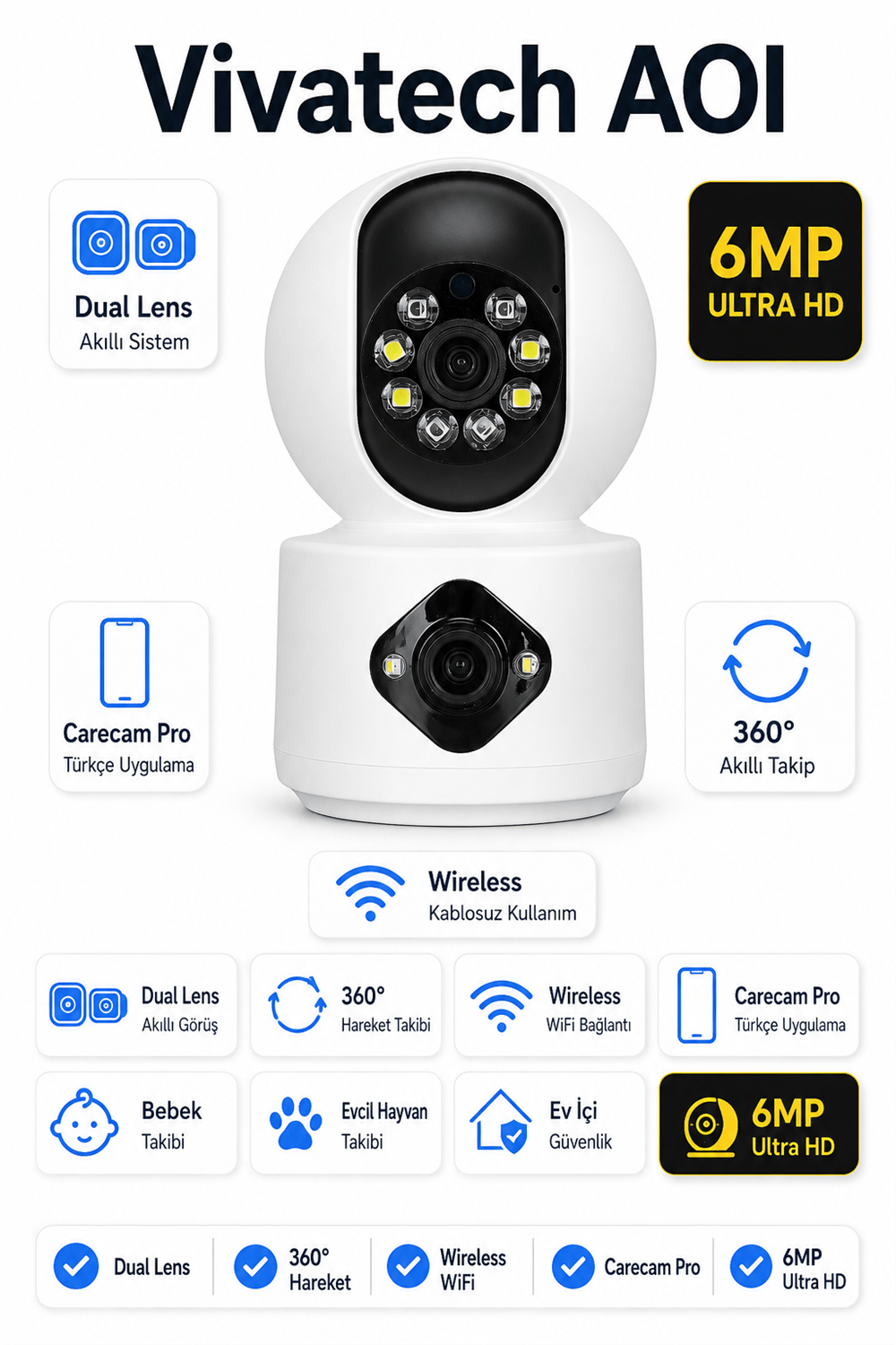Vivatech AOI Dual Lens WiFi Akıllı Güvenlik Kamerası - 6MP 360° Görüş Hareketli Wireless, Carecam Pro Türkçe Uygulama