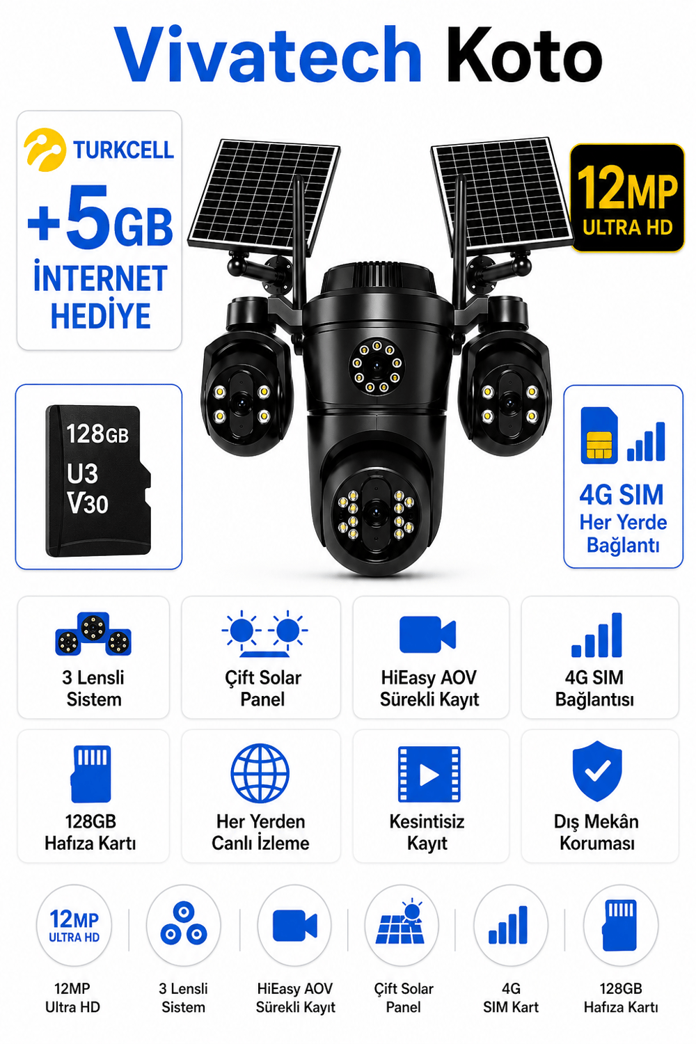 Vivatech Koto 128GB Hafıza Kartlı 4G Çift Solar Panelli Güvenlik Kamerası - 12MP 3 Lensli, HiEasy AOV Sürekli Kayıt (+5 GB İnternet)