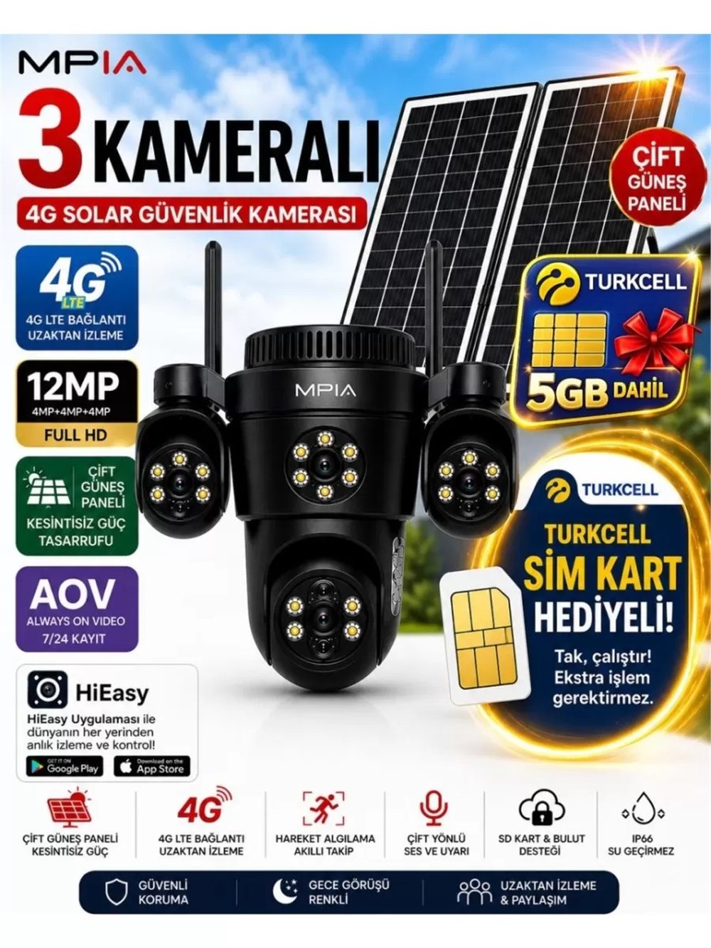 Vivatech KOTO 12MP 3 Lens 4G Çift Solar Panel HiEasy AOV (Sürekli Kayıt) Gece Görüş Çift Yönlü Ses