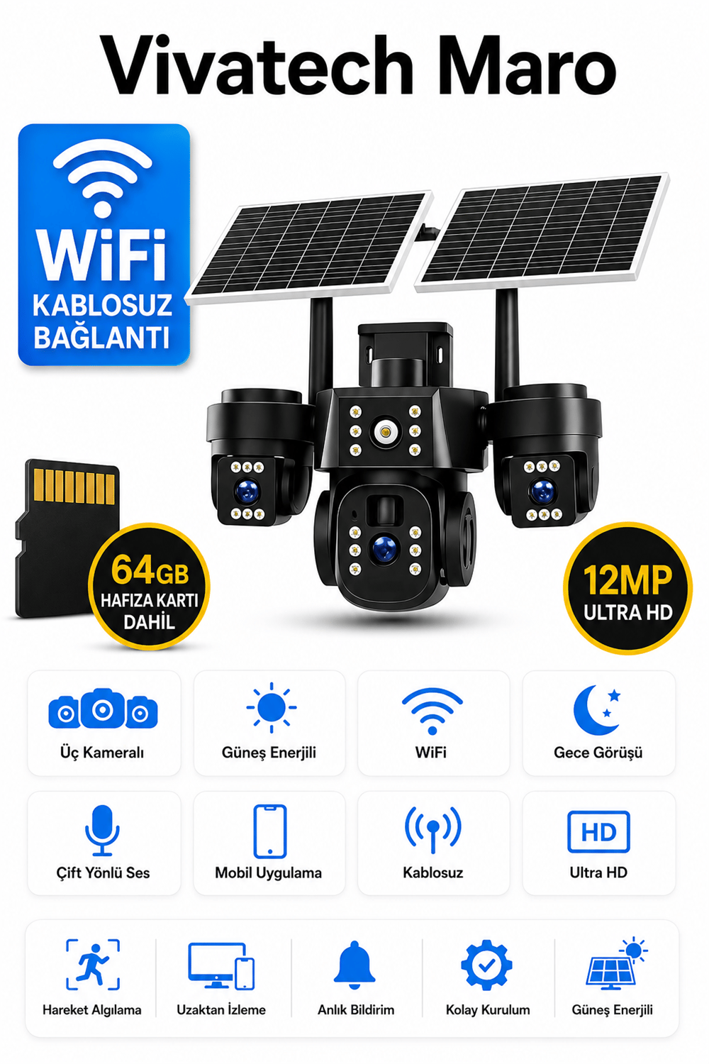 Vivatech Maro 64GB Hafıza Kartlı Güneş Enerjili Akıllı Güvenlik Kamerası - WiFi 12MP Üç Kameralı UltraHD Kablosuz Solar