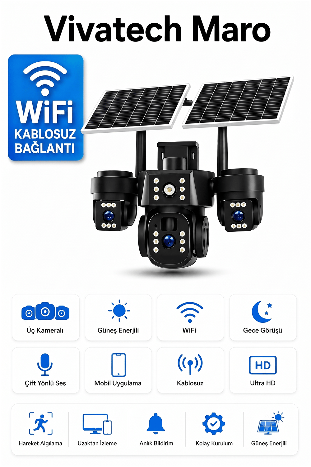 Vivatech Maro Güneş Enerjili Akıllı Güvenlik Kamerası - WiFi 12MP Üç Kameralı UltraHD Kablosuz Solar Kamera Sistemi