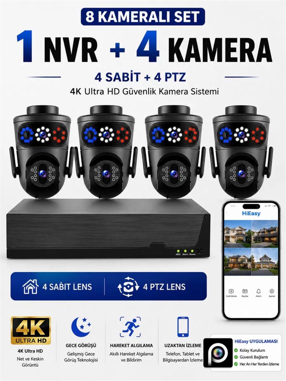 Vivatech MORIO Wifi 64GB 8MP FullHD Dual Lens (Hareketli+Sabit) Akıllı Güvenlik Kamerası Hieasy Gece Görüş Sesli Kişi Takibi + 12V Adaptör