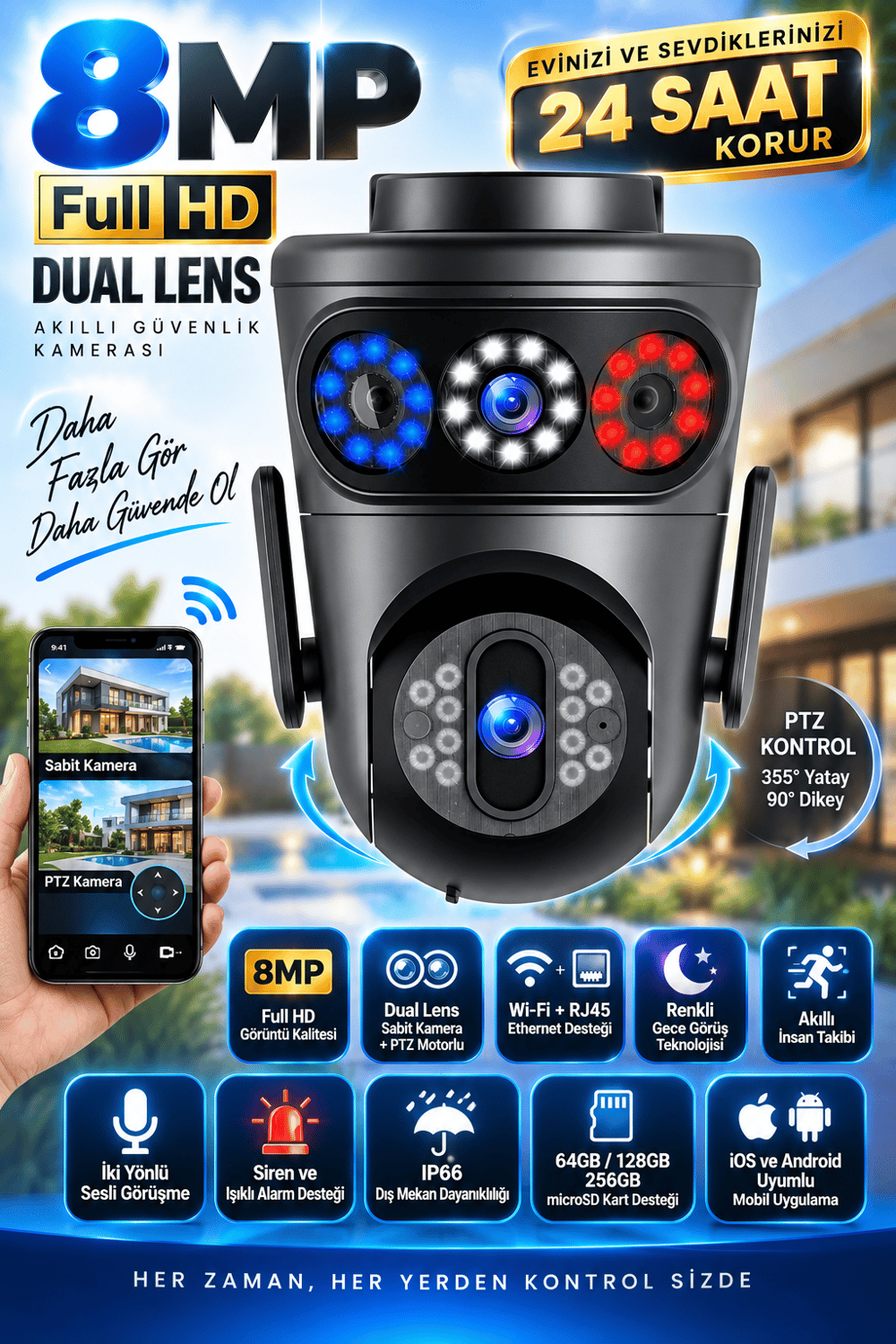 Vivatech Morio WiFi Akıllı Güvenlik Kamerası - 8MP FullHD Dual Lens Hareketli + Sabit, HiEasy Gece Görüş Sesli Takip (+12V)