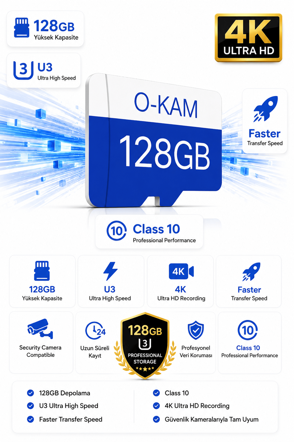 Vivatech O-Kam 128GB U3 Class 10 Micro SD Hafıza Kartı - Yüksek Hızlı Kamera Uyumlu Depolama Kartı